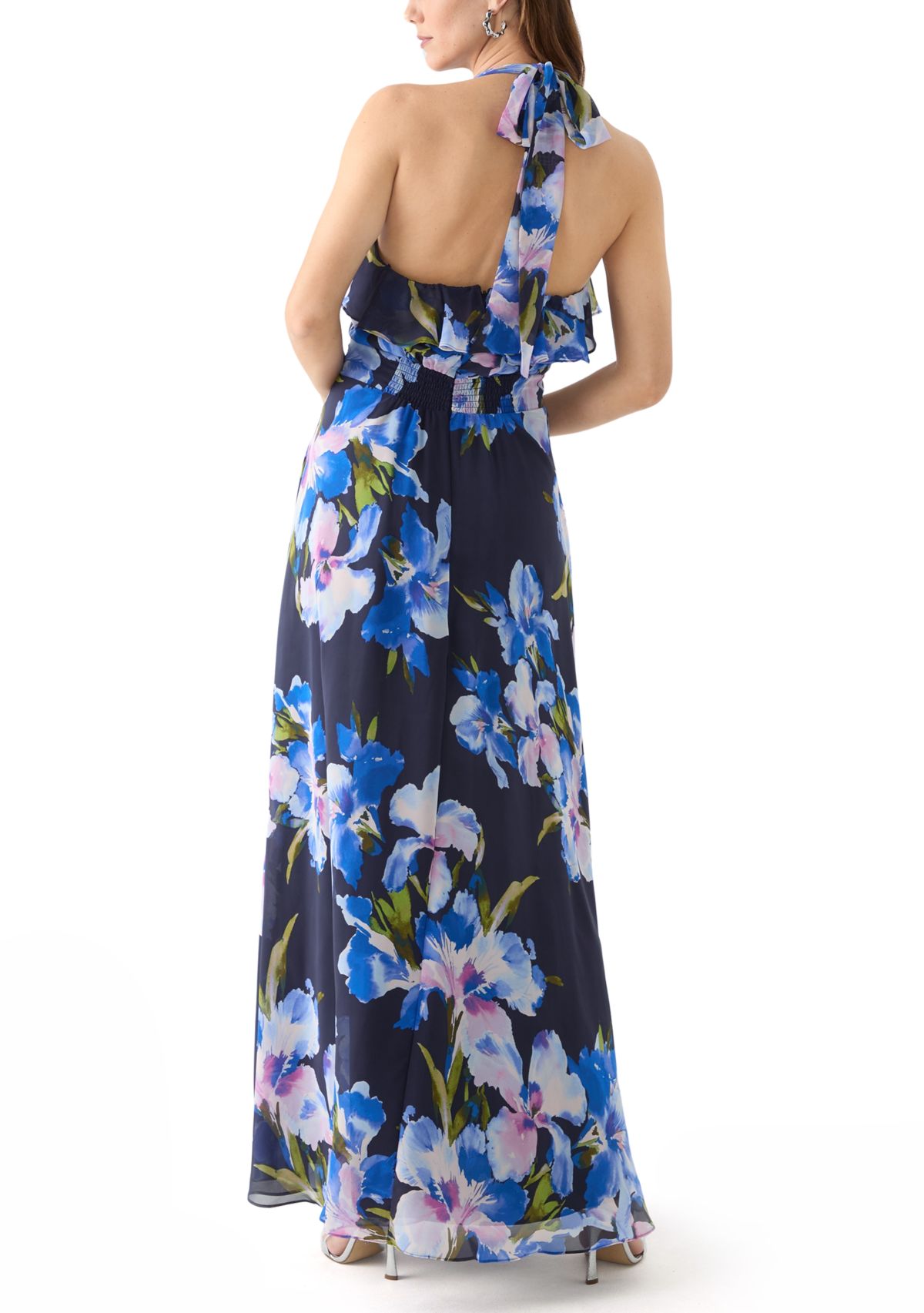 Womens Sleeveless Halter Neck Floral Print Gown