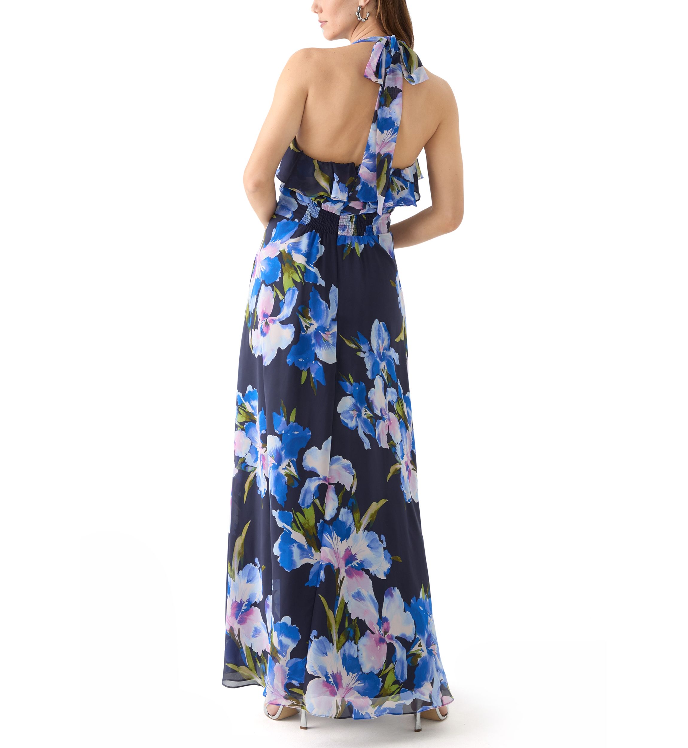 Womens Sleeveless Halter Neck Floral Print Gown