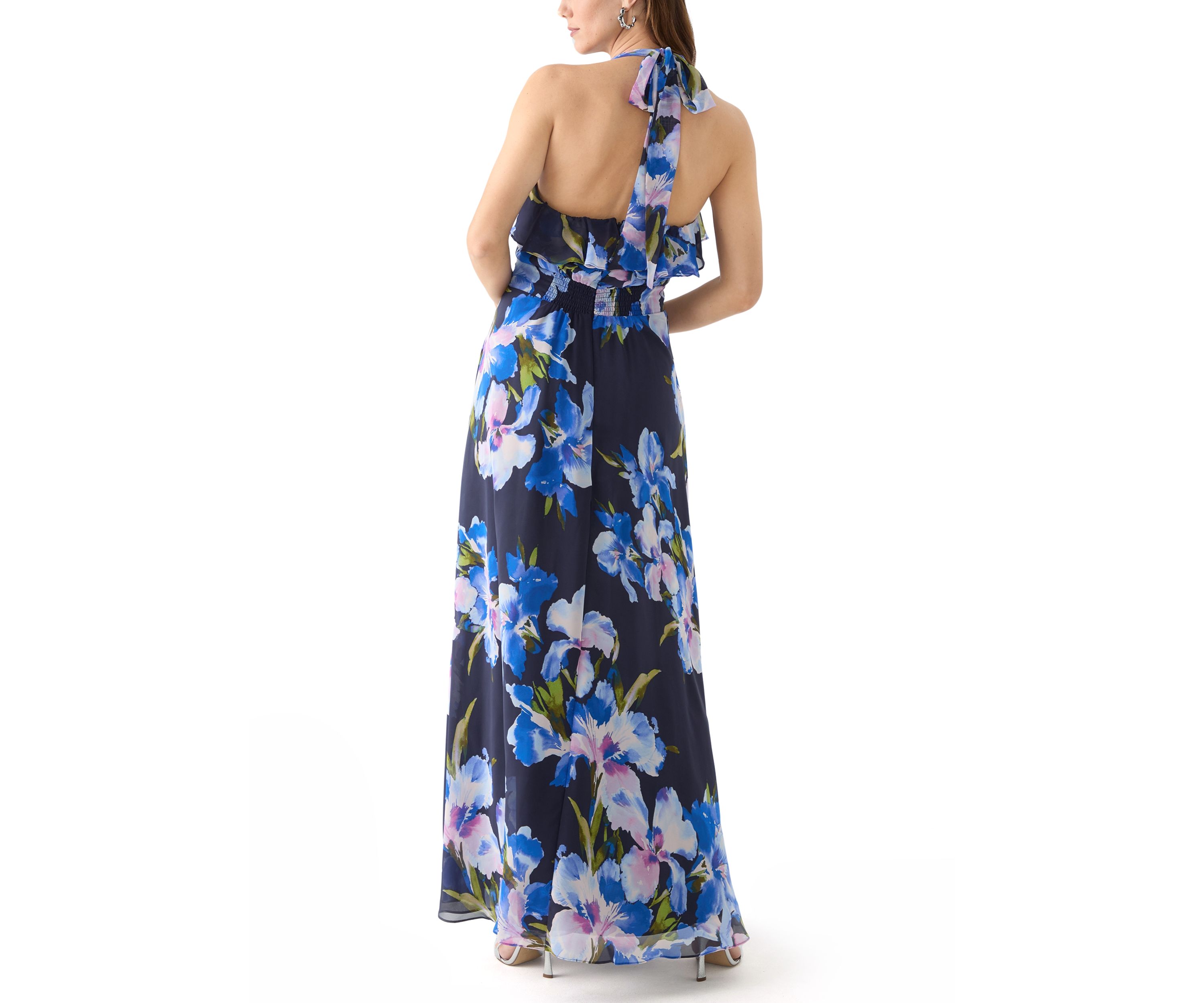 Womens Sleeveless Halter Neck Floral Print Gown