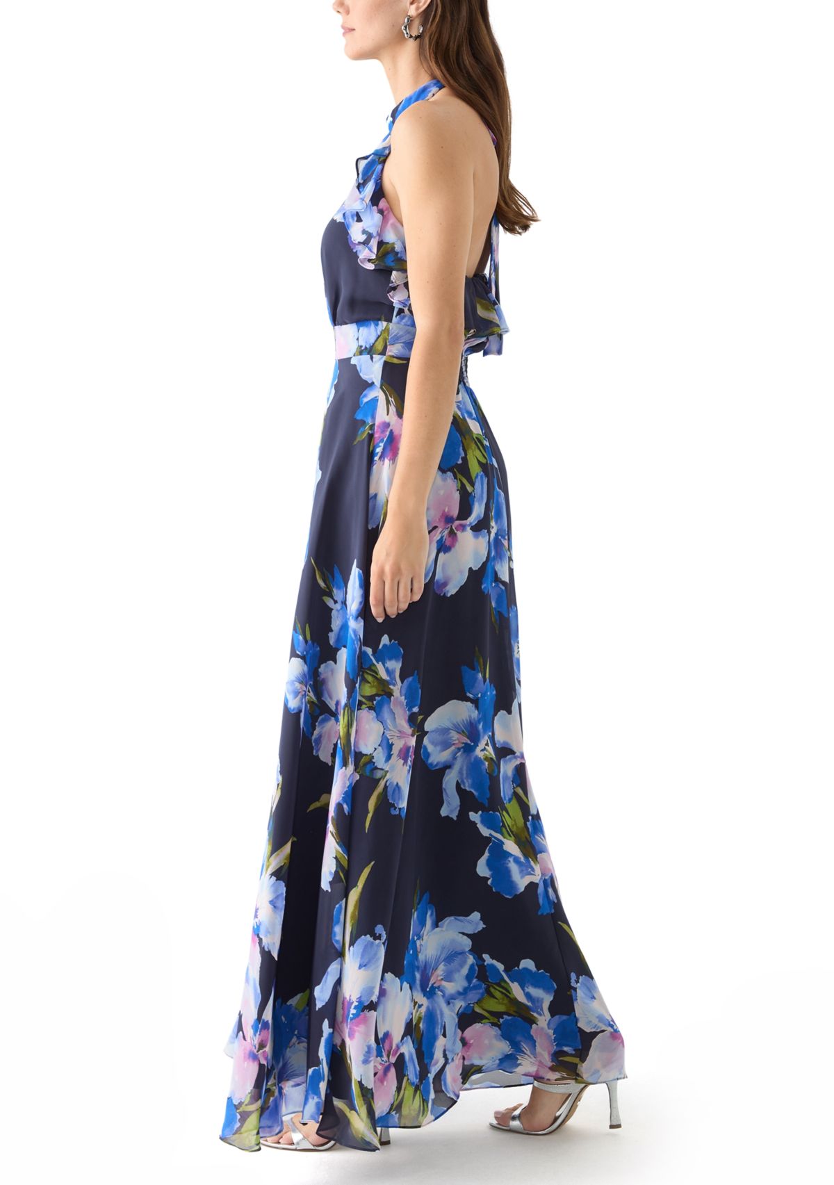 Womens Sleeveless Halter Neck Floral Print Gown
