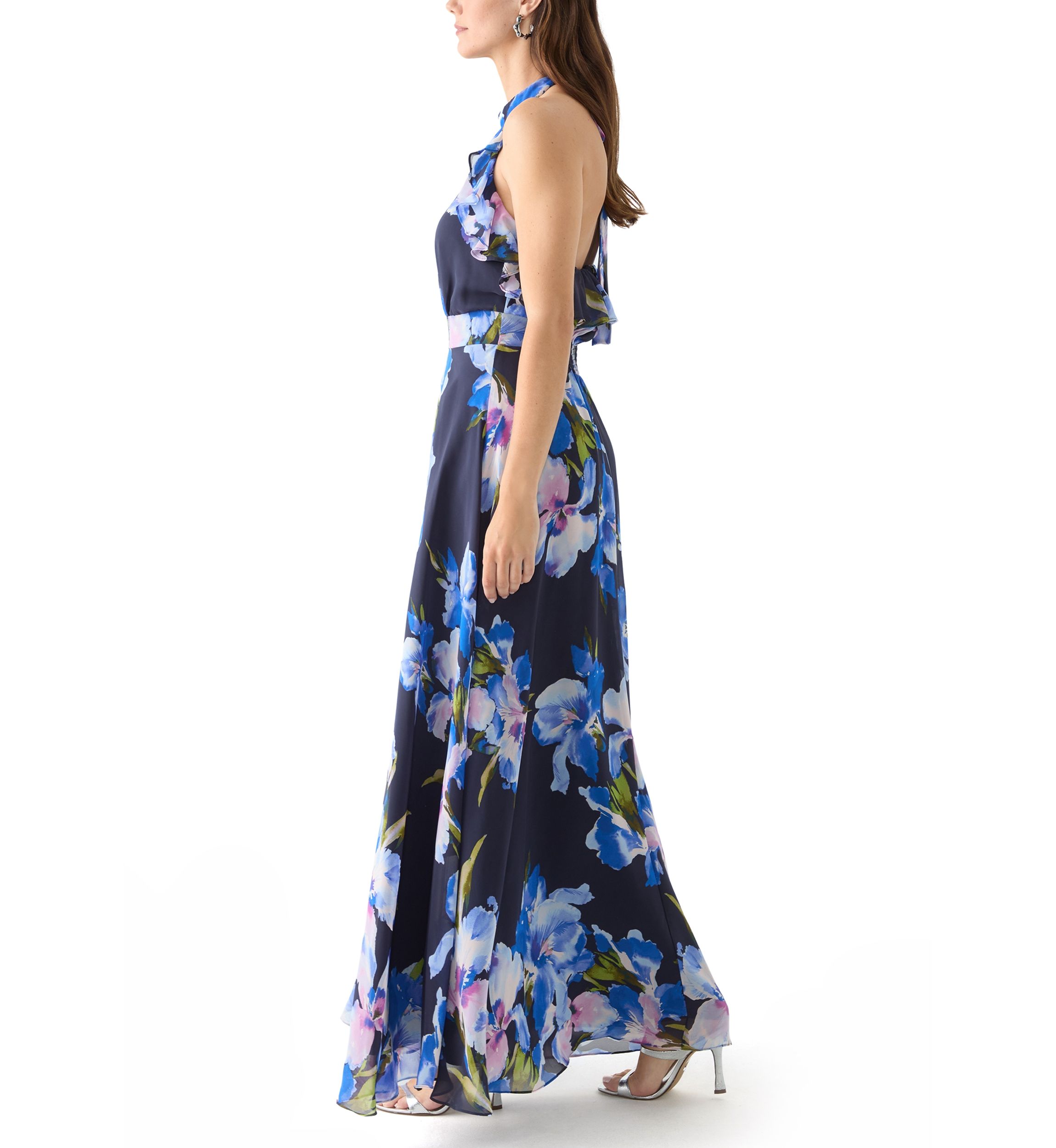 Womens Sleeveless Halter Neck Floral Print Gown