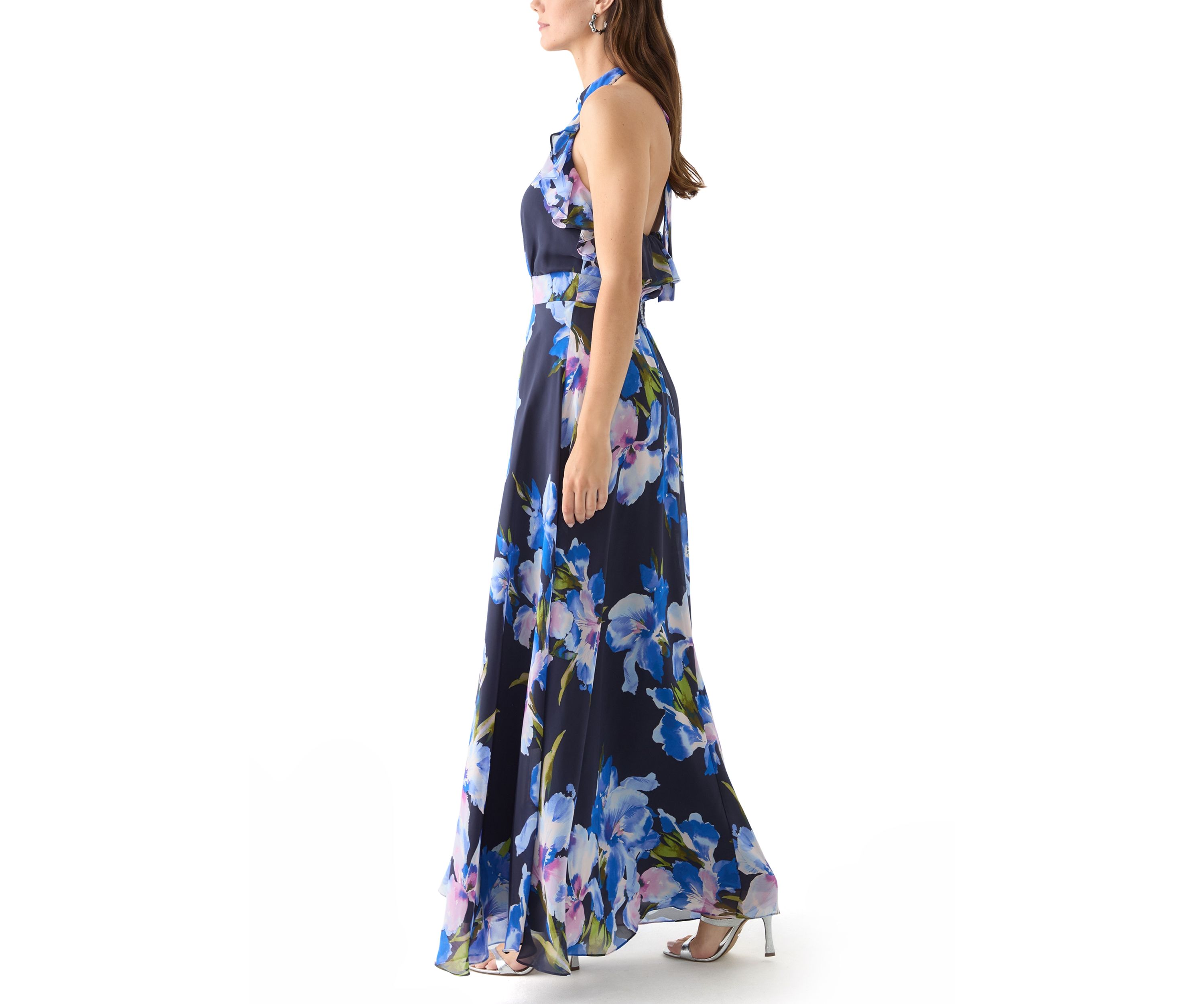 Womens Sleeveless Halter Neck Floral Print Gown