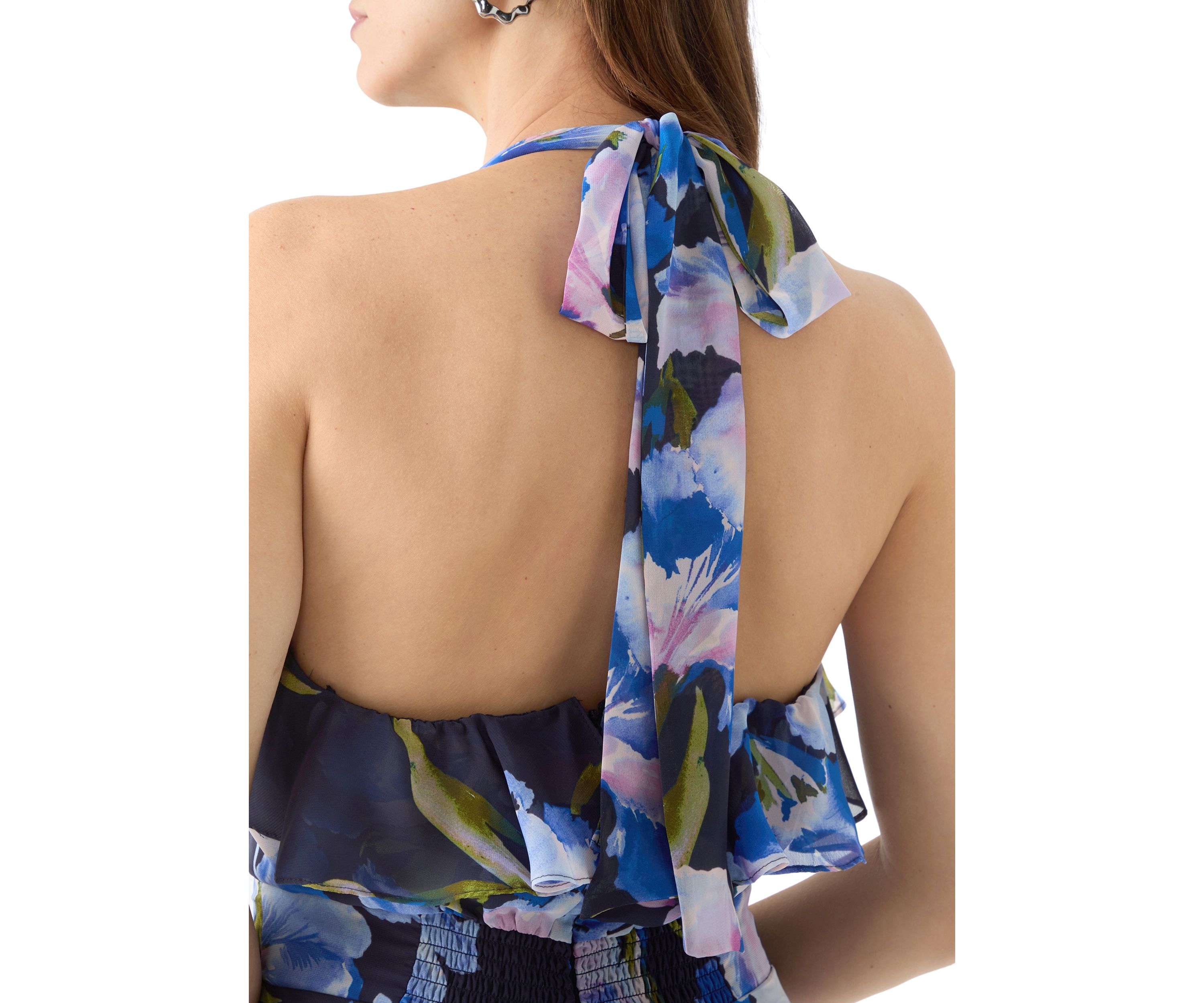 Womens Sleeveless Halter Neck Floral Print Gown