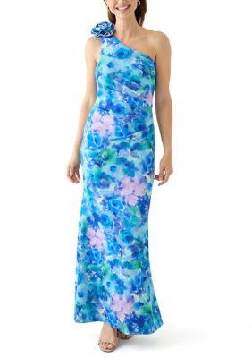 Eliza J Women's Sleeveless Asymmetrical Floral Print Scuba Gown, Blue, 4