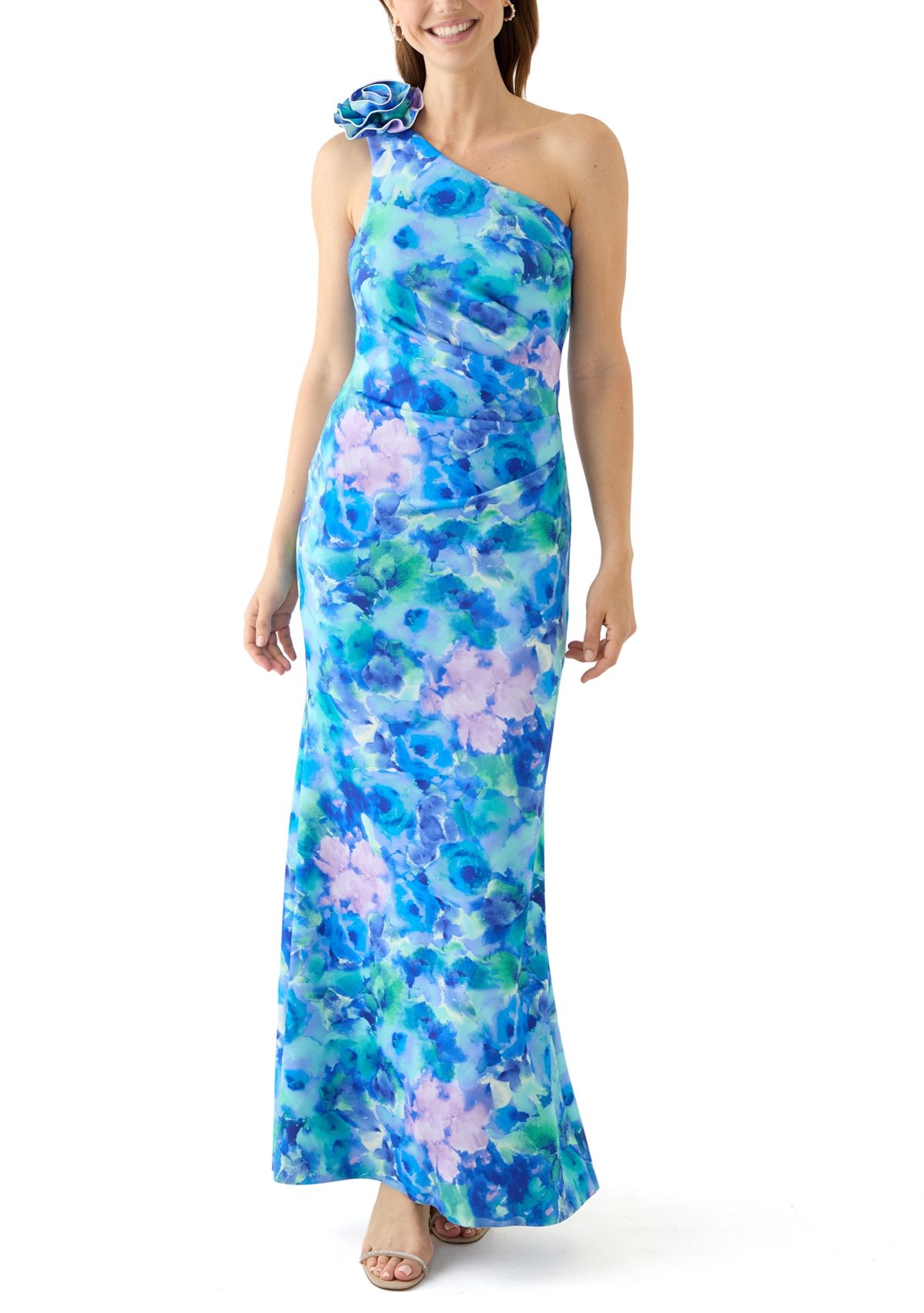 Womens Sleeveless Asymmetrical Floral Print Scuba Gown 