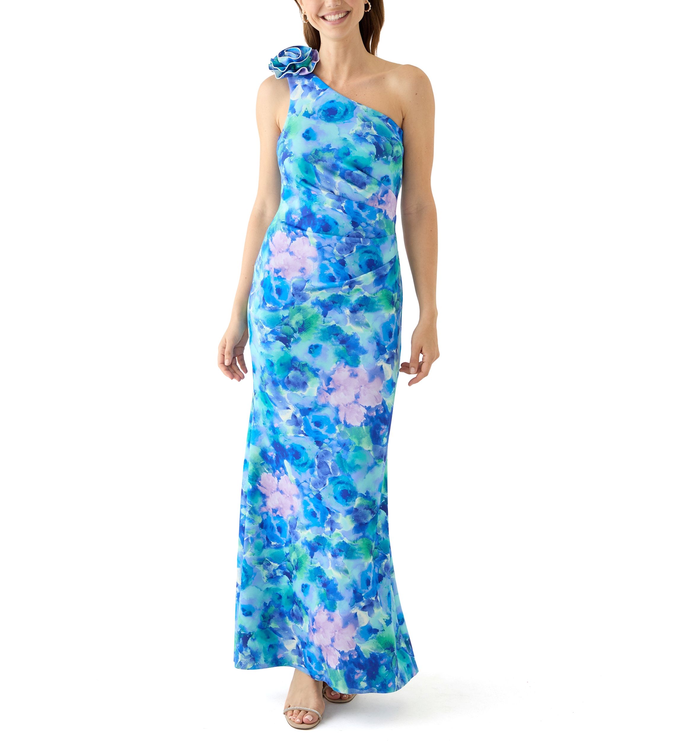 Womens Sleeveless Asymmetrical Floral Print Scuba Gown 