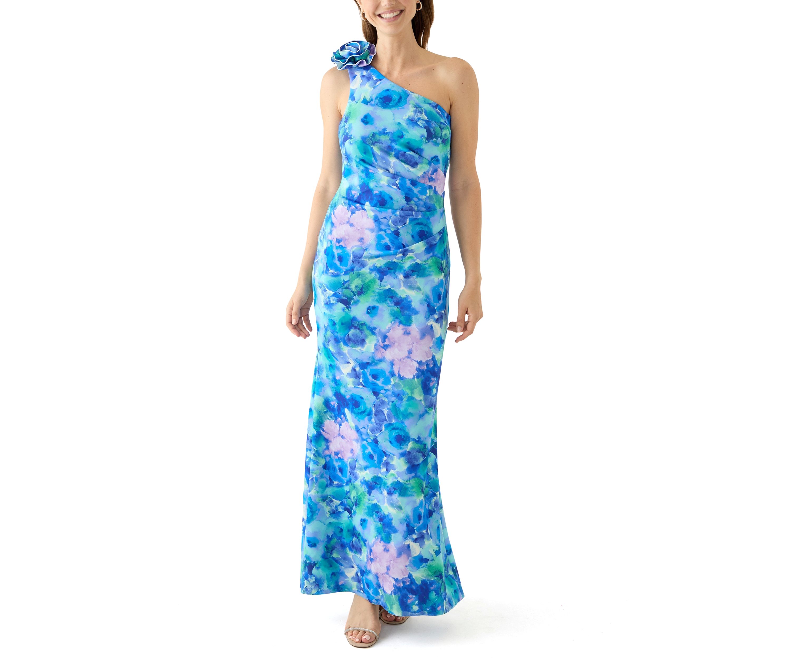 Womens Sleeveless Asymmetrical Floral Print Scuba Gown 
