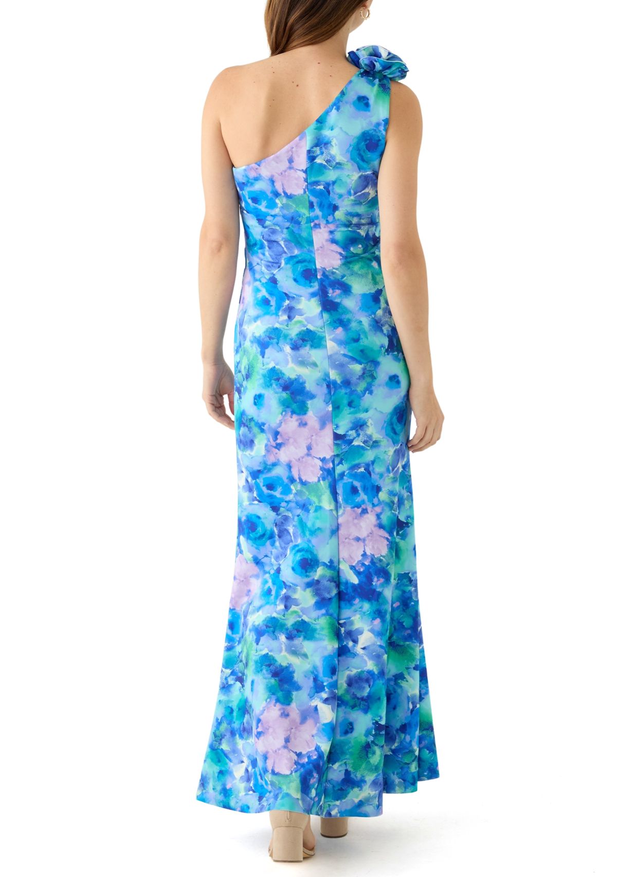 Womens Sleeveless Asymmetrical Floral Print Scuba Gown 