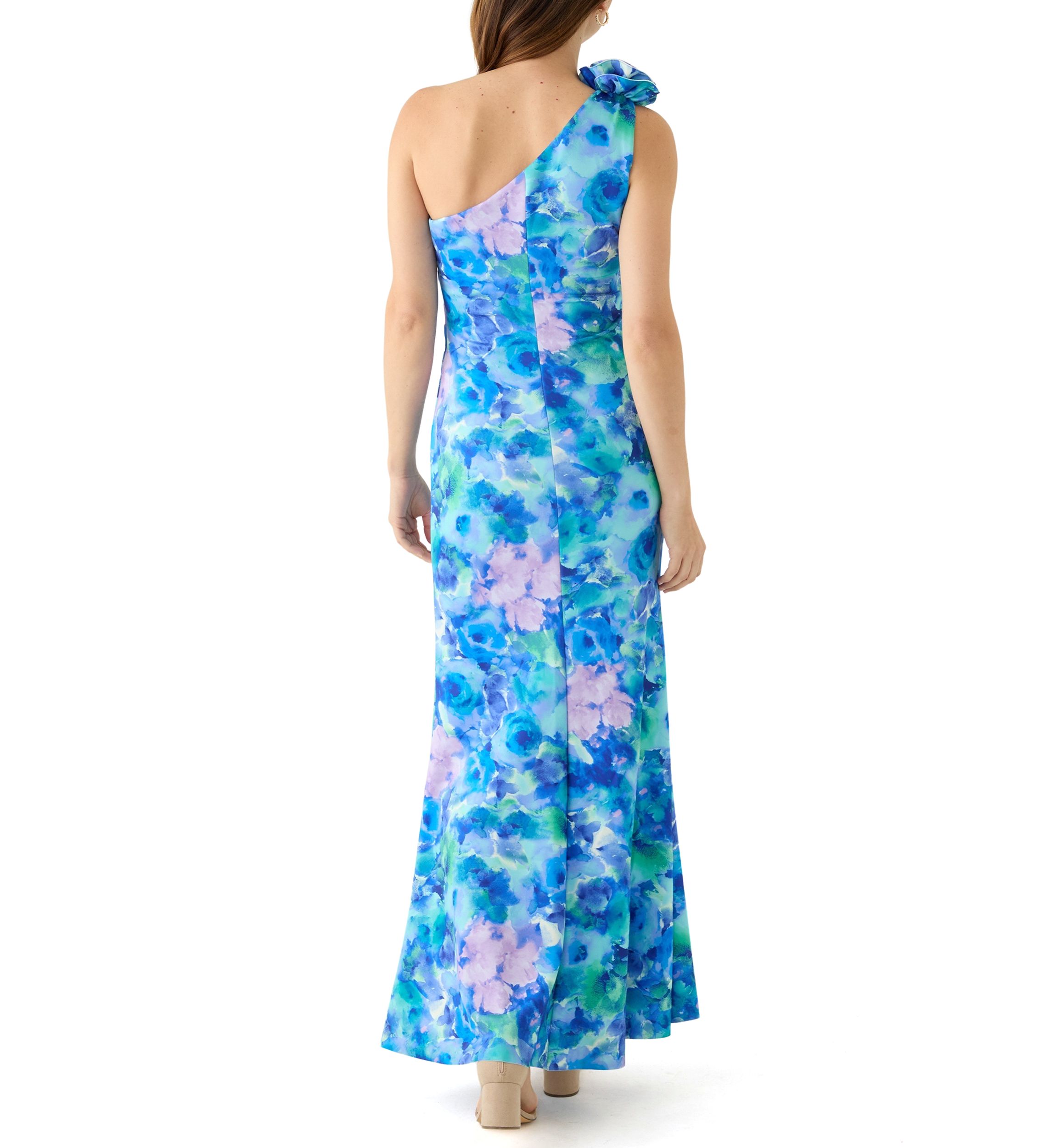 Womens Sleeveless Asymmetrical Floral Print Scuba Gown 
