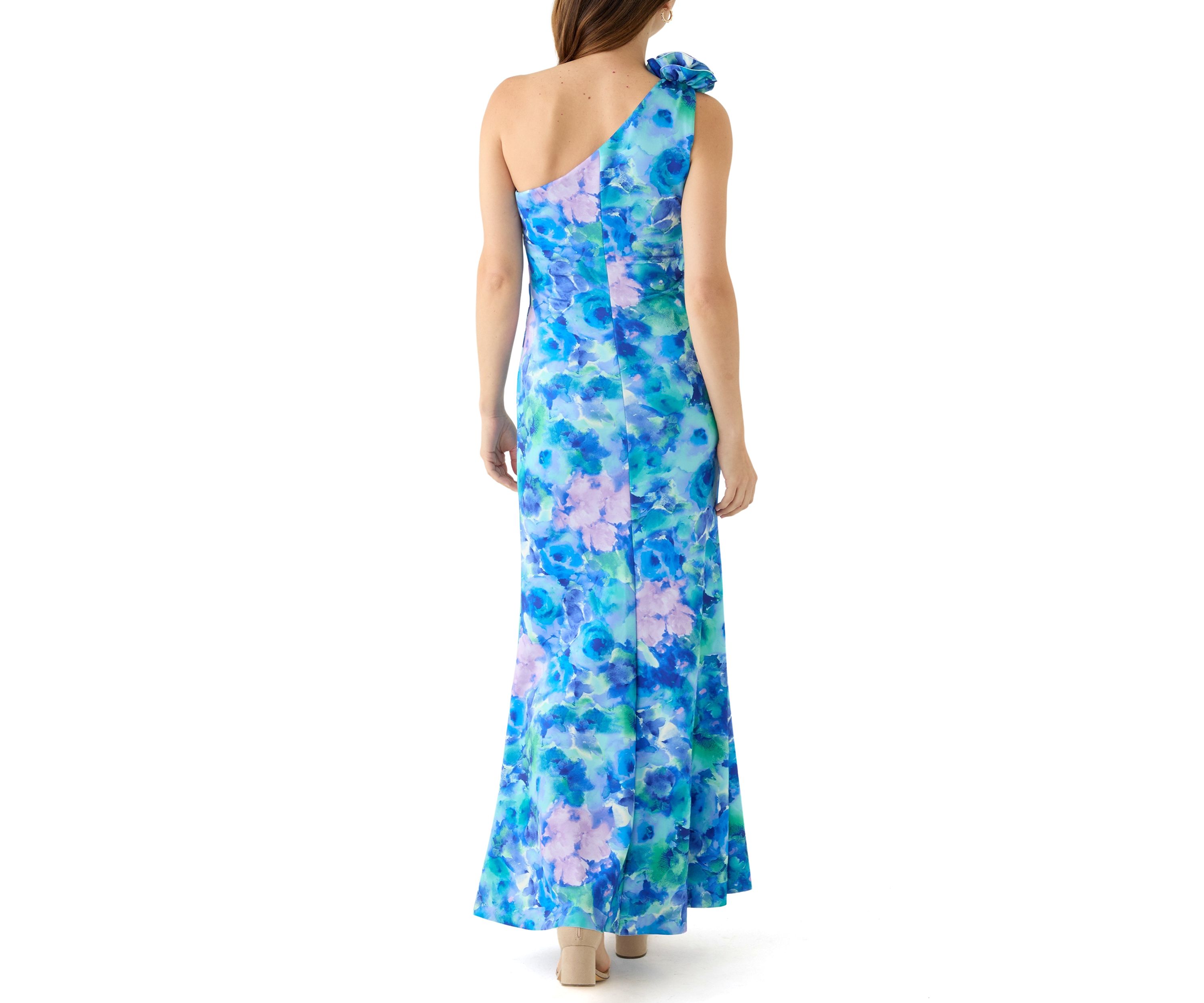 Womens Sleeveless Asymmetrical Floral Print Scuba Gown 