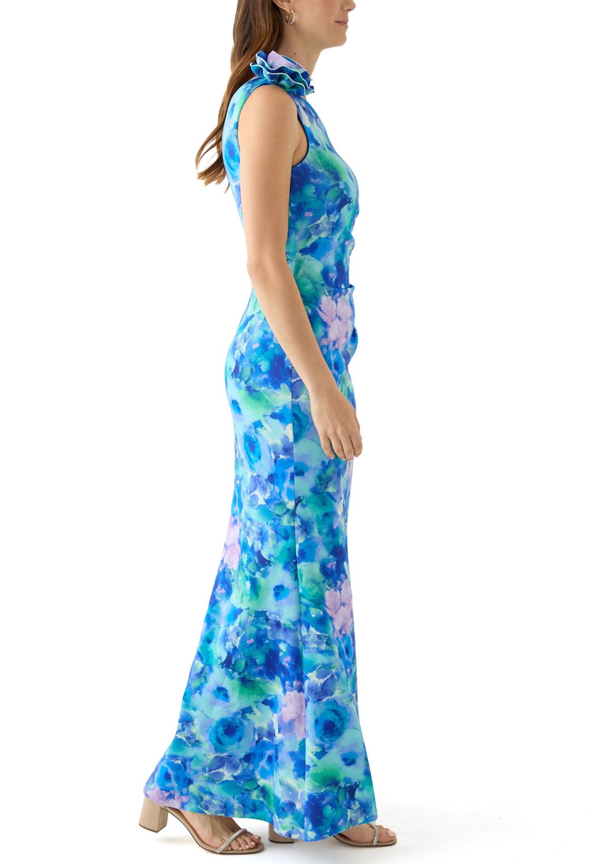 Womens Sleeveless Asymmetrical Floral Print Scuba Gown 