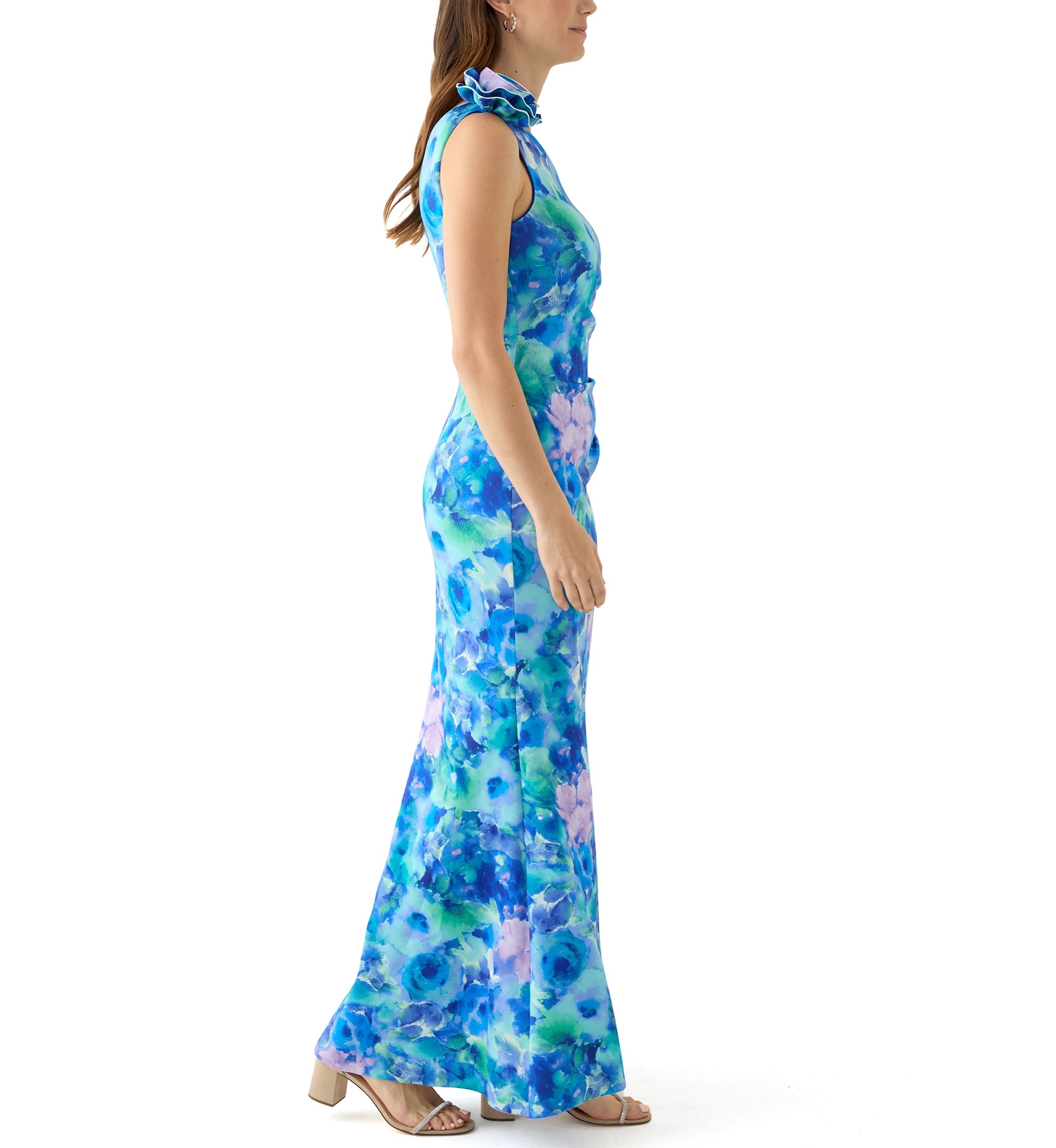 Womens Sleeveless Asymmetrical Floral Print Scuba Gown 