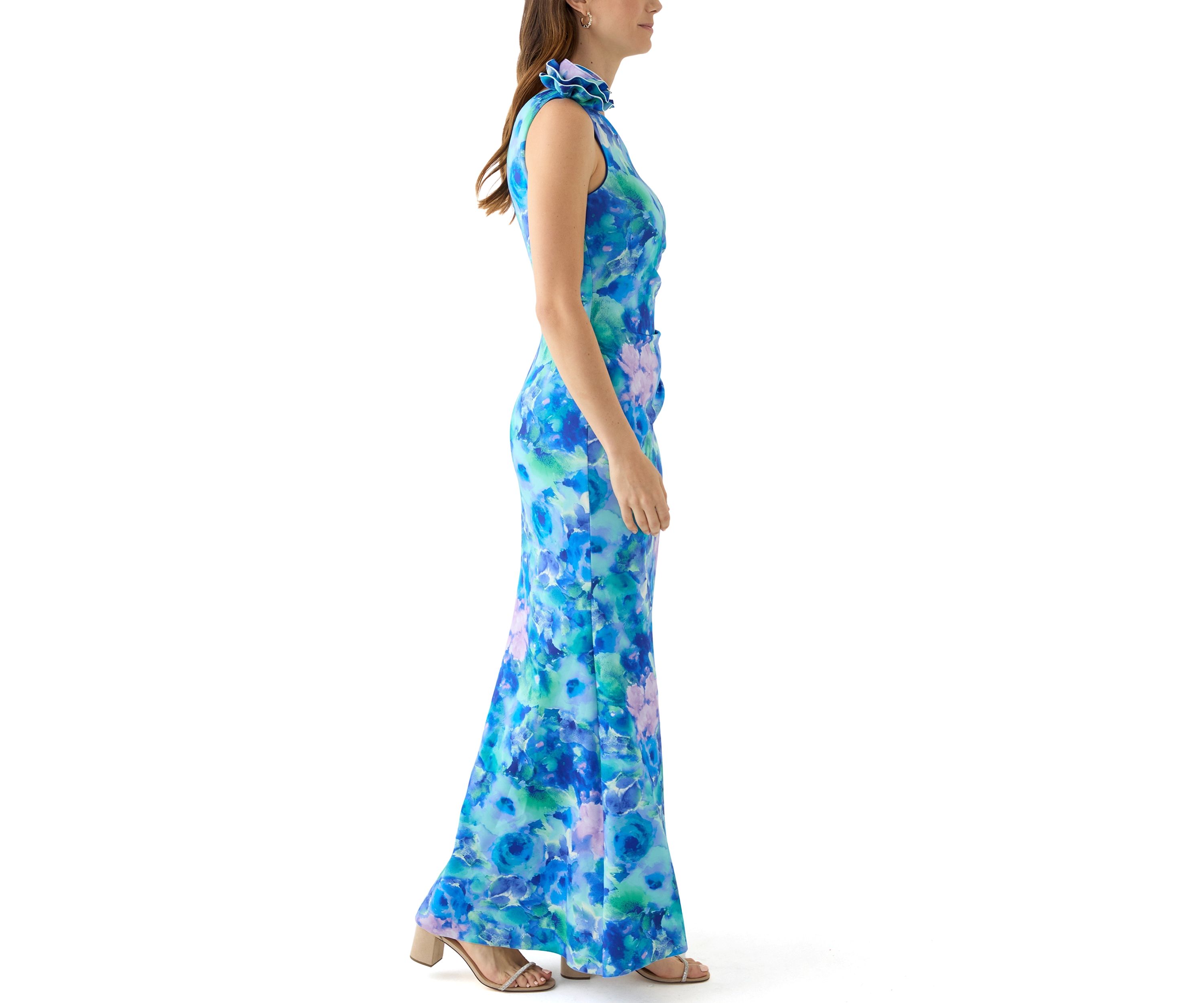 Womens Sleeveless Asymmetrical Floral Print Scuba Gown 