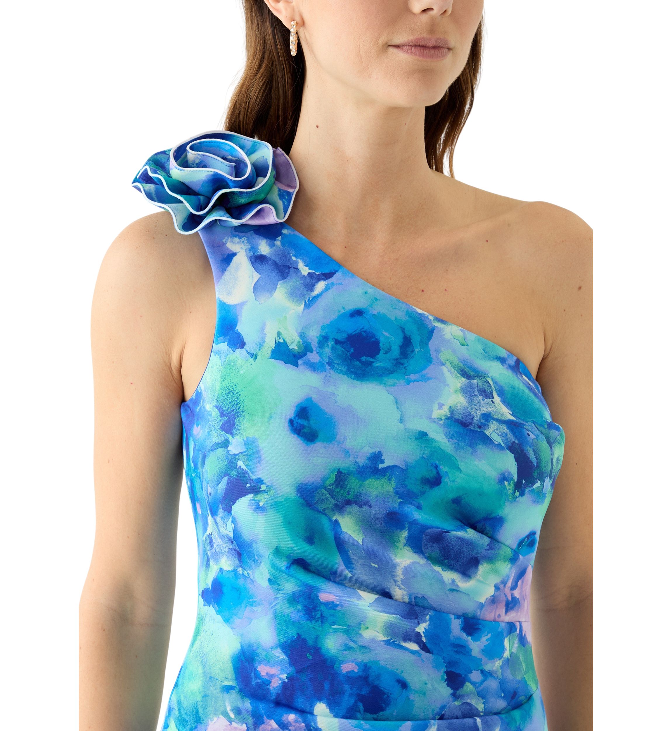 Womens Sleeveless Asymmetrical Floral Print Scuba Gown 