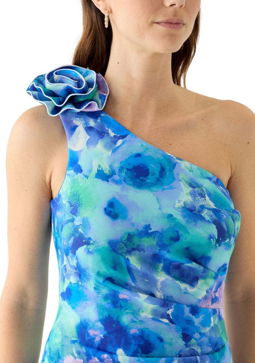 Womens Sleeveless Asymmetrical Floral Print Scuba Gown 