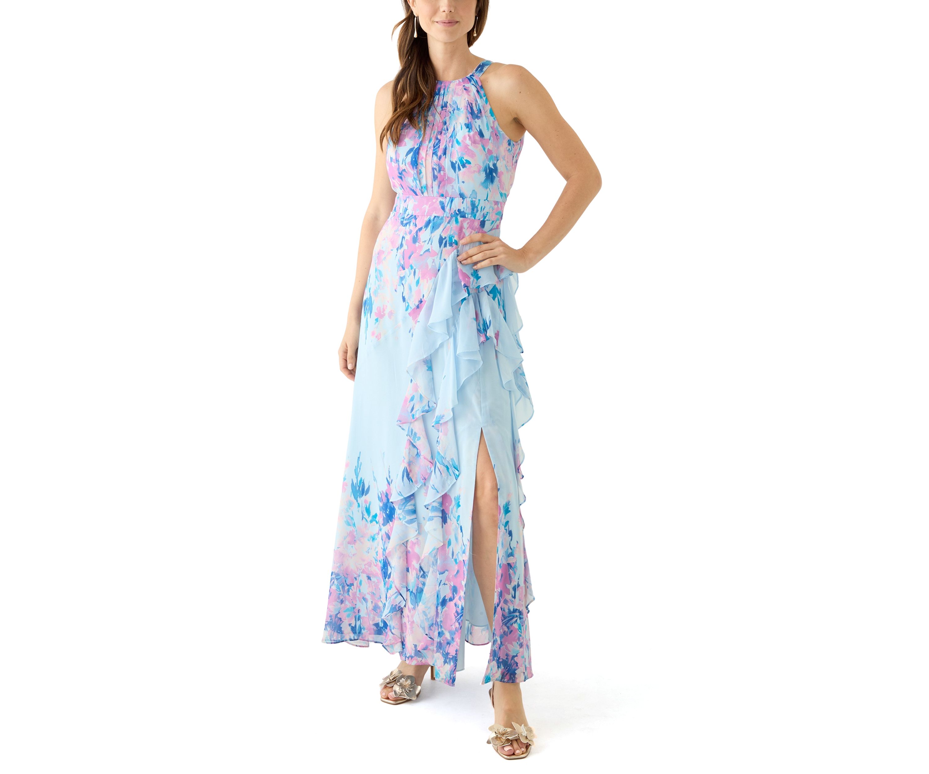Womens Sleeveless Halter Neck Floral Print Chiffon Gown