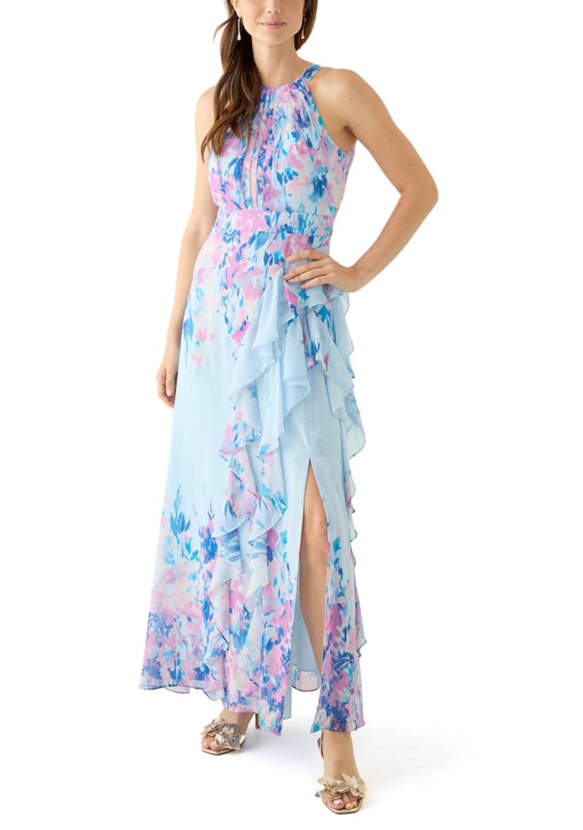 Womens Sleeveless Halter Neck Floral Print Chiffon Gown