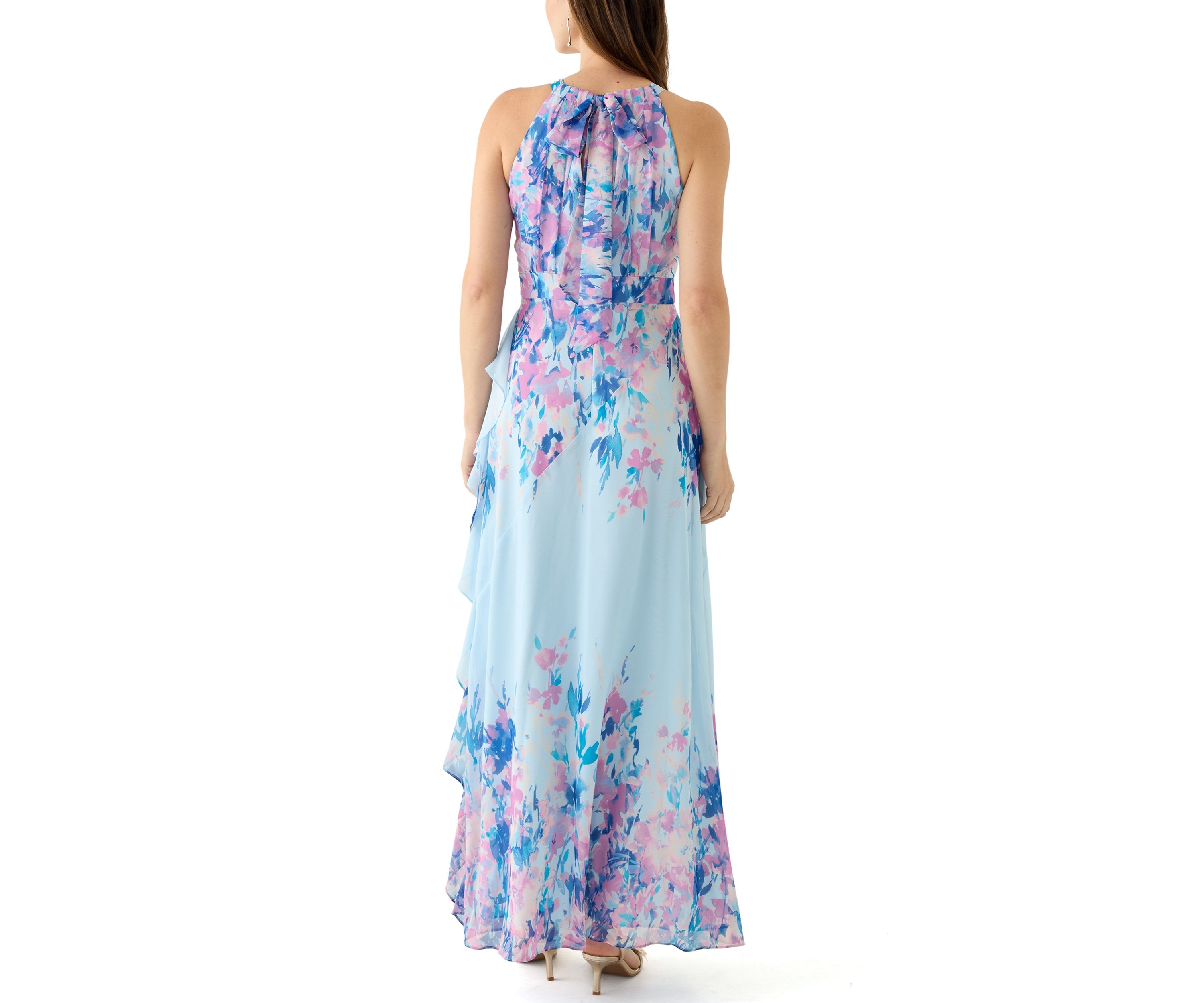 Womens Sleeveless Halter Neck Floral Print Chiffon Gown