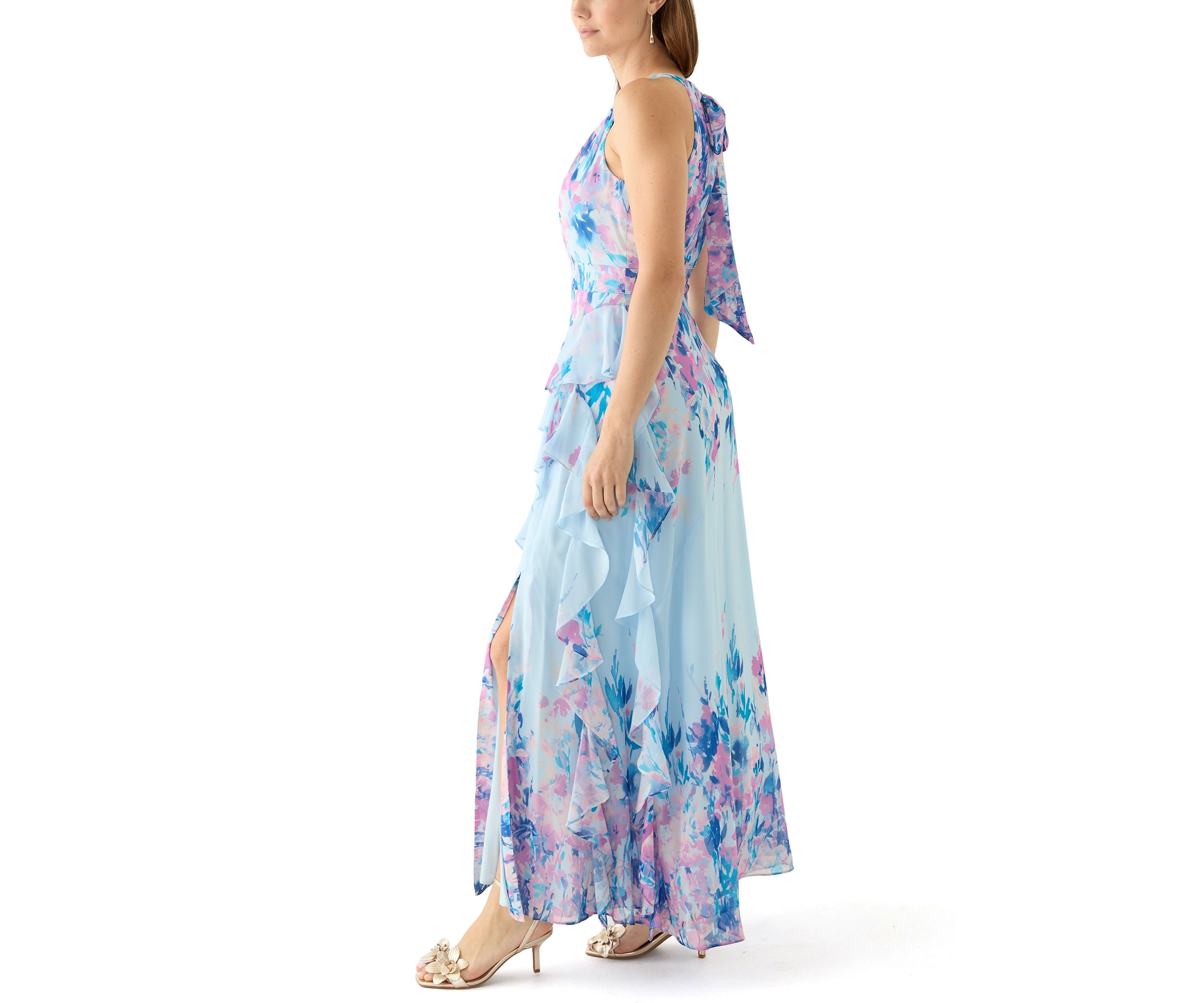 Womens Sleeveless Halter Neck Floral Print Chiffon Gown