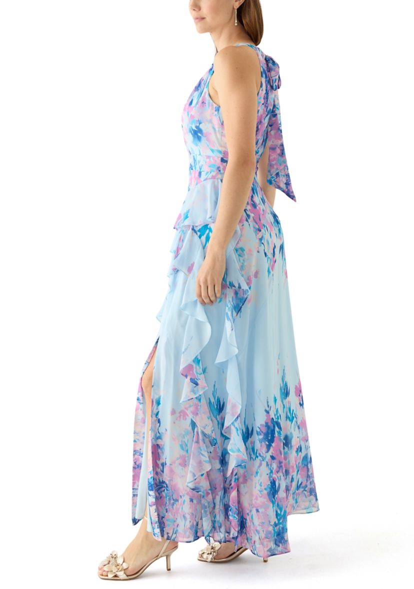 Womens Sleeveless Halter Neck Floral Print Chiffon Gown
