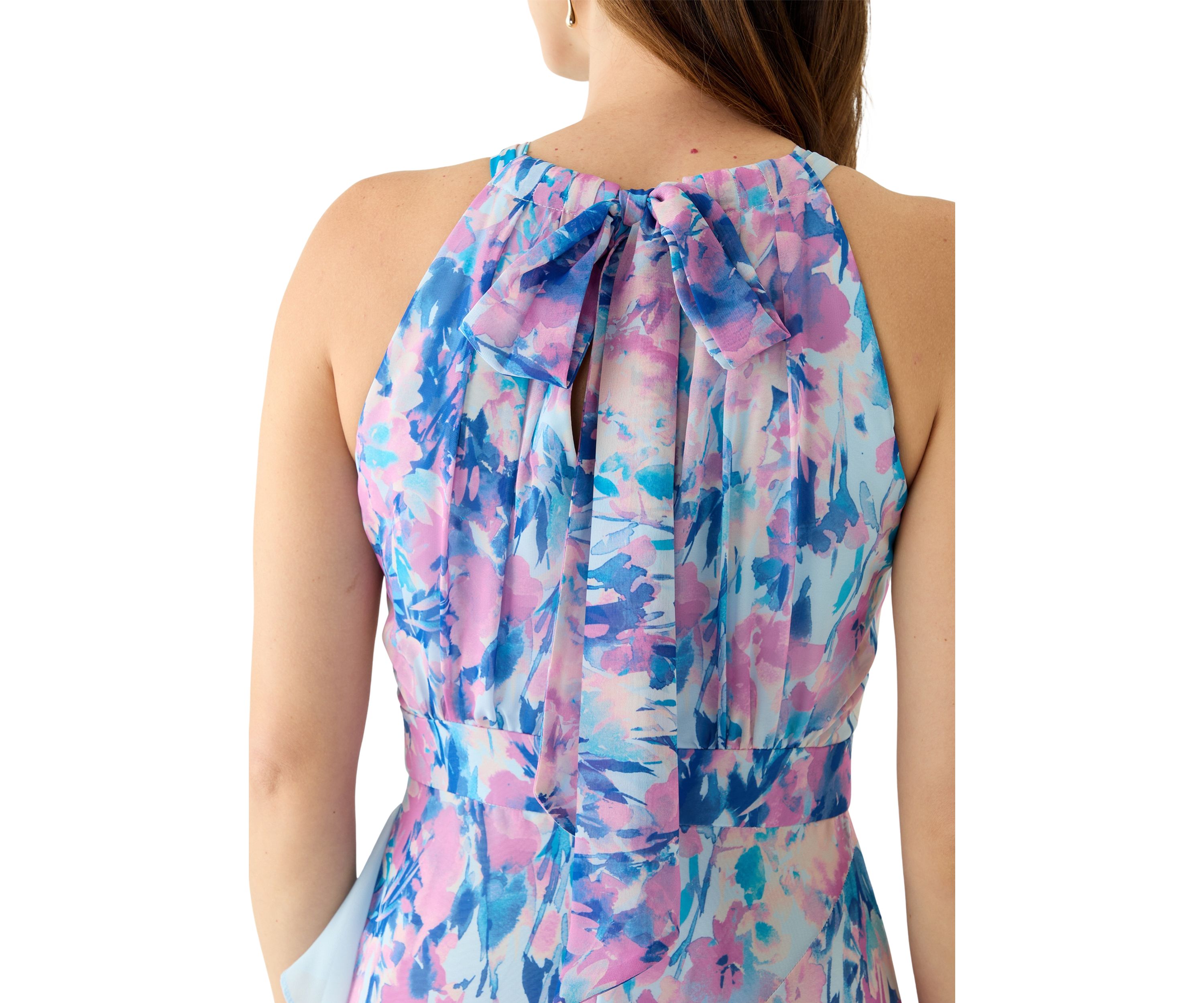 Womens Sleeveless Halter Neck Floral Print Chiffon Gown