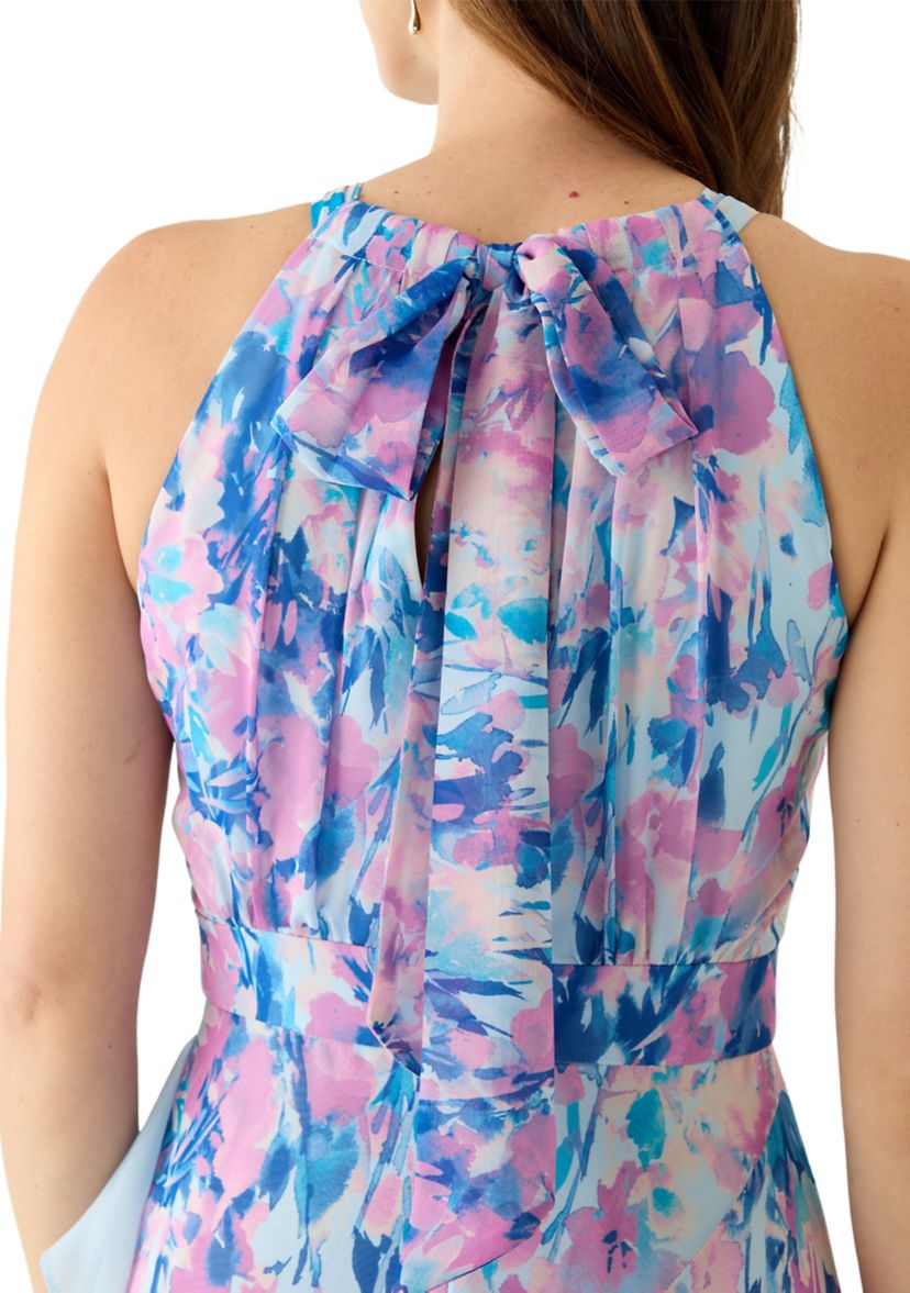 Womens Sleeveless Halter Neck Floral Print Chiffon Gown