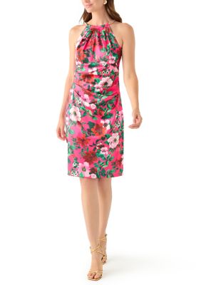 Eliza J Women's Sleeveless Halter Neck Floral Print Sheath, Fuchsia, 2