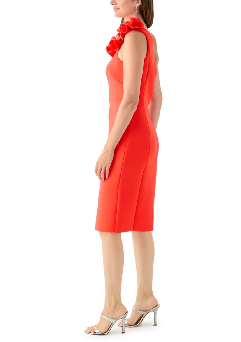 Womens Sleeveless One Shoulder Solid Scuba Sheath Dress