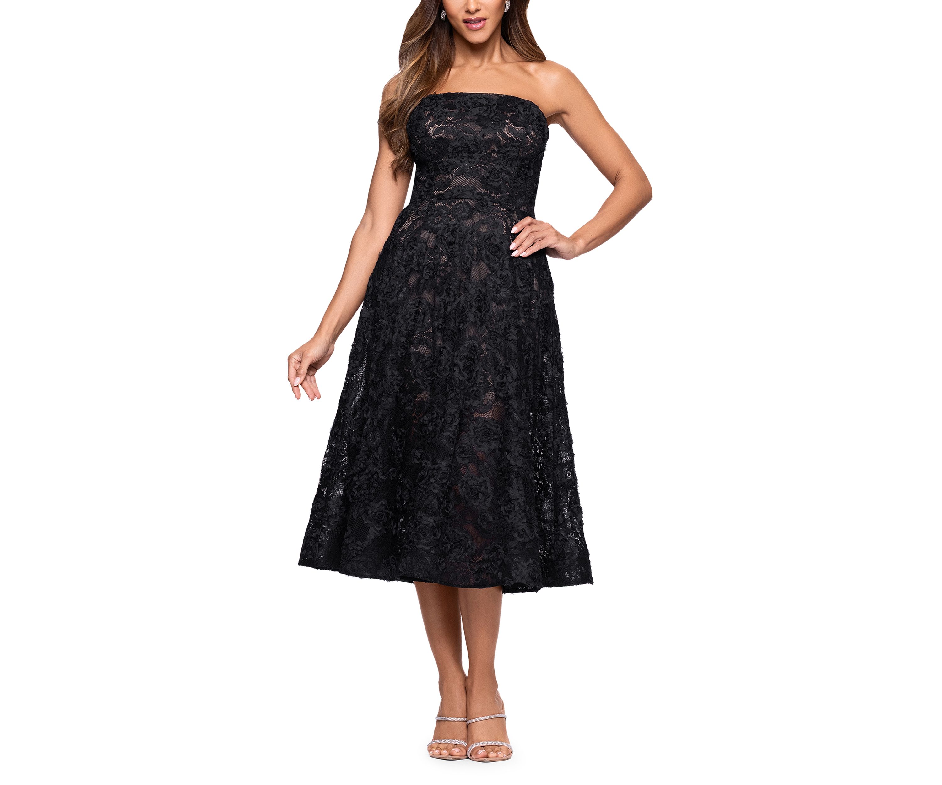 Womens Strapless Midi Lace Gown