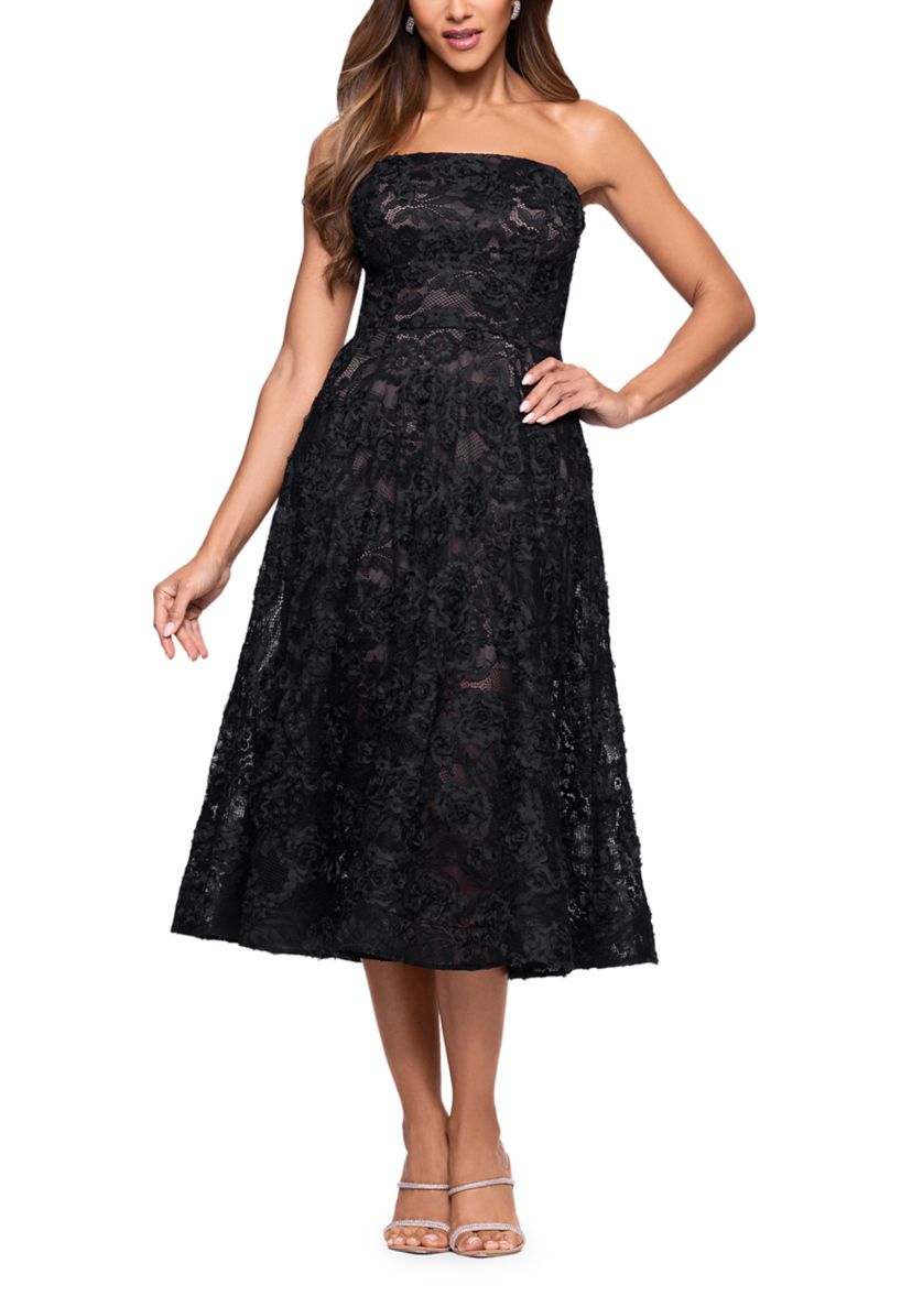 Womens Strapless Midi Lace Gown