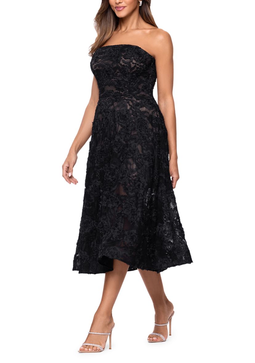 Womens Strapless Midi Lace Gown