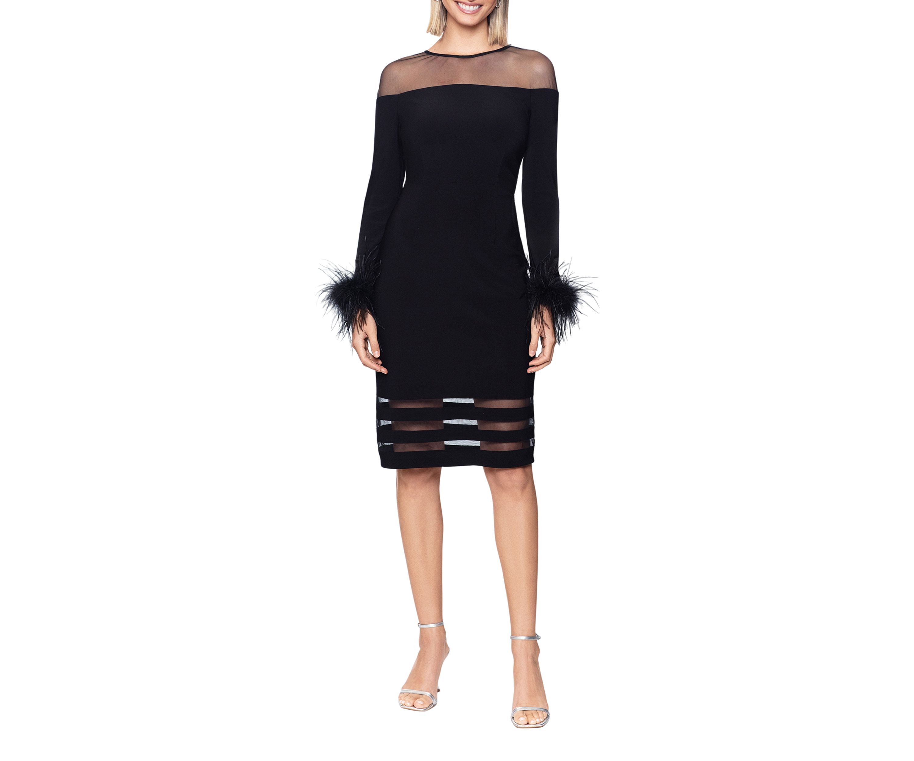 Womens Mesh Neck Feather Cuff Sheath Dress