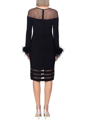 B & Adam Women's Mesh Neck Feather Cuff Sheath Dress