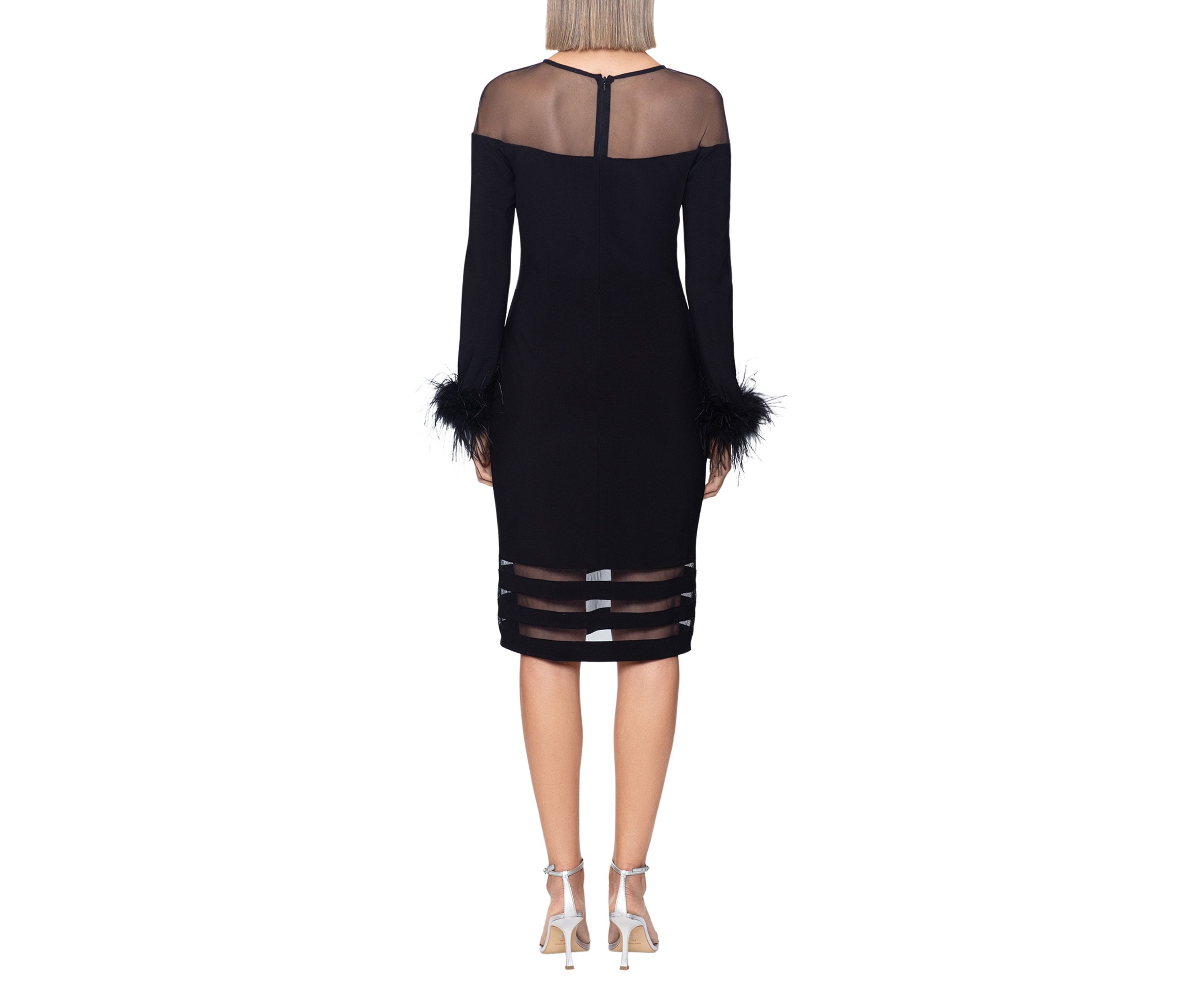 Womens Mesh Neck Feather Cuff Sheath Dress