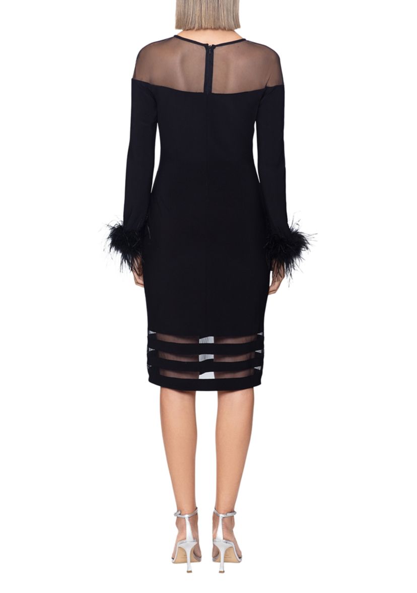 Womens Mesh Neck Feather Cuff Sheath Dress