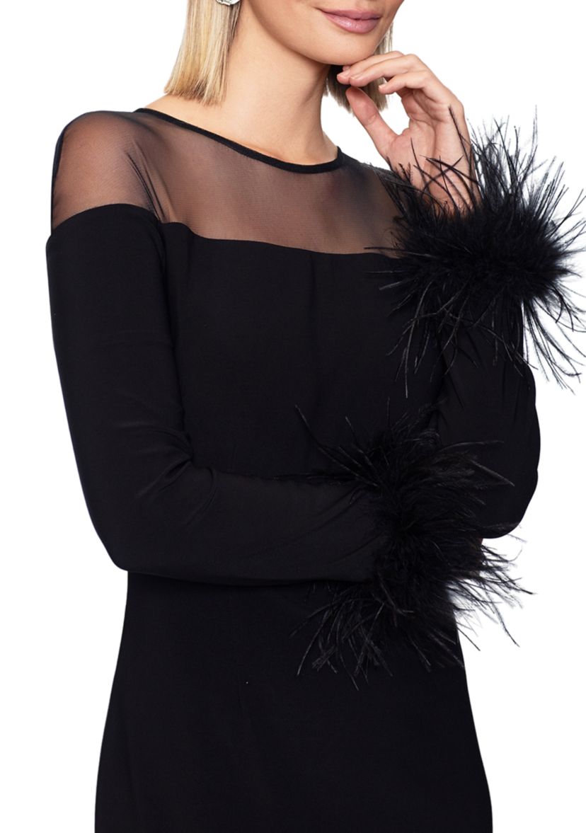 Womens Mesh Neck Feather Cuff Sheath Dress