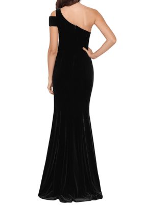 City Vibe One-Shoulder Side Slit Long Velvet Dress