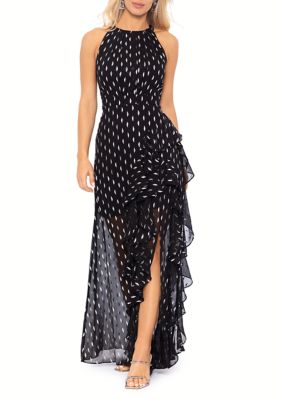 Women's Halter Neck Chiffon Foil Ruffle Tie Gown