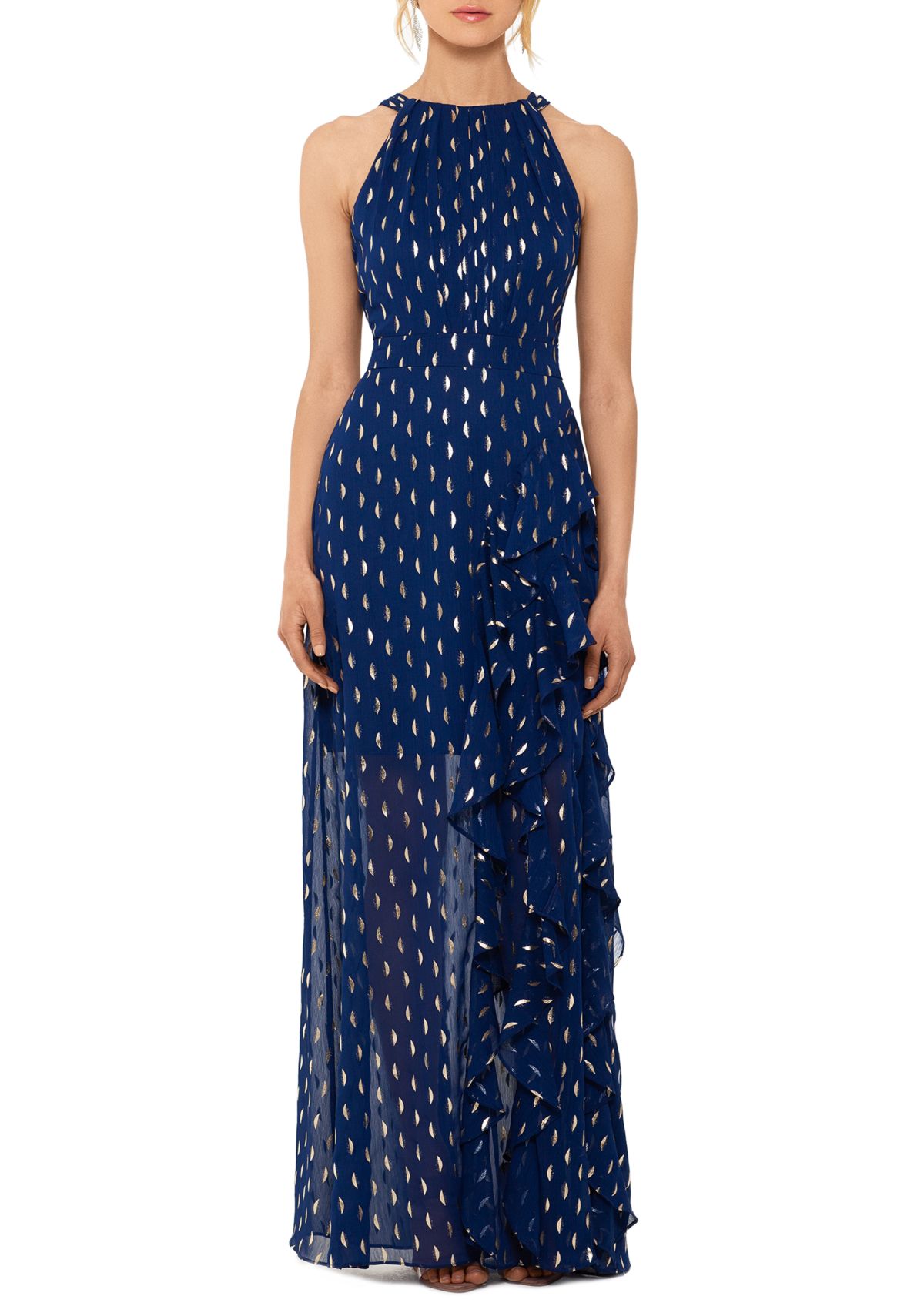 Womens Halter Neck Chiffon Foil Ruffle Tie Neck Gown