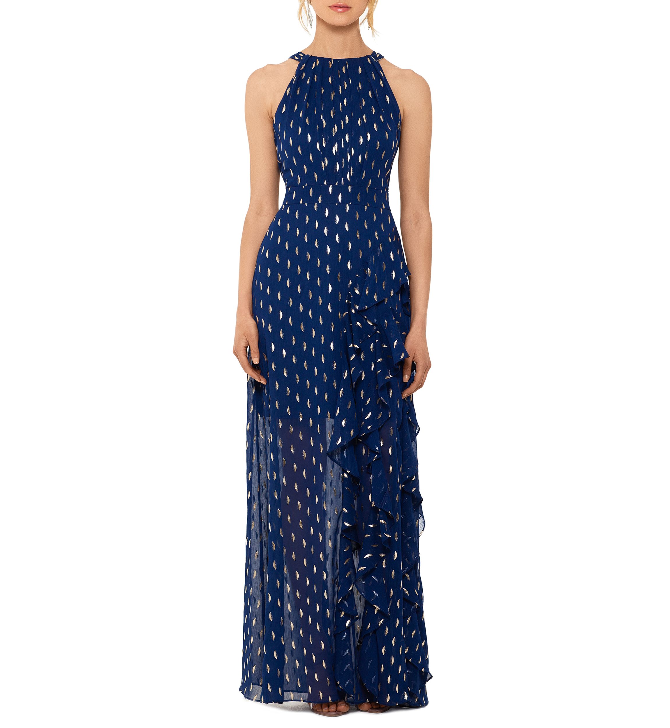 Womens Halter Neck Chiffon Foil Ruffle Tie Neck Gown