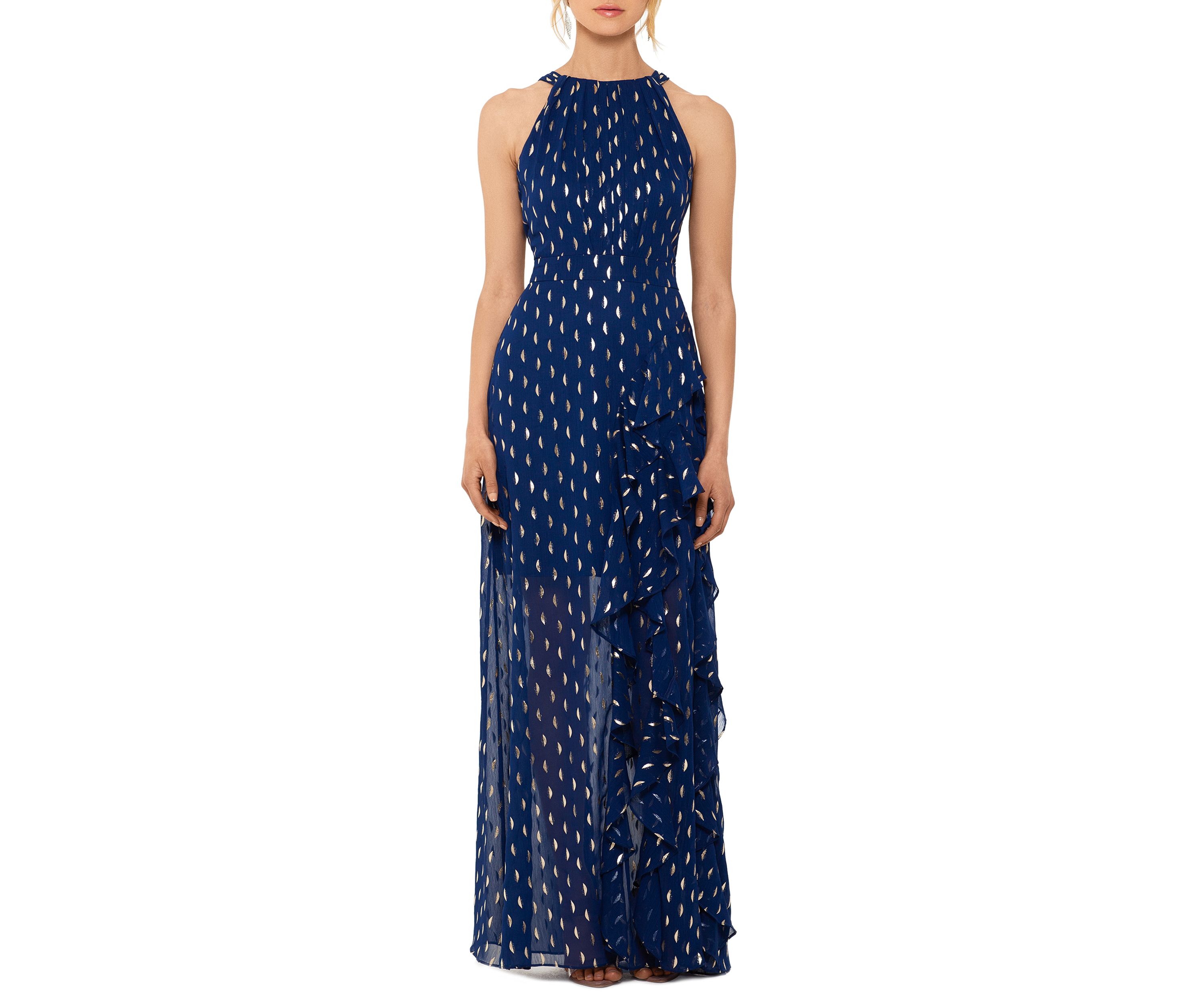 Womens Halter Neck Chiffon Foil Ruffle Tie Neck Gown