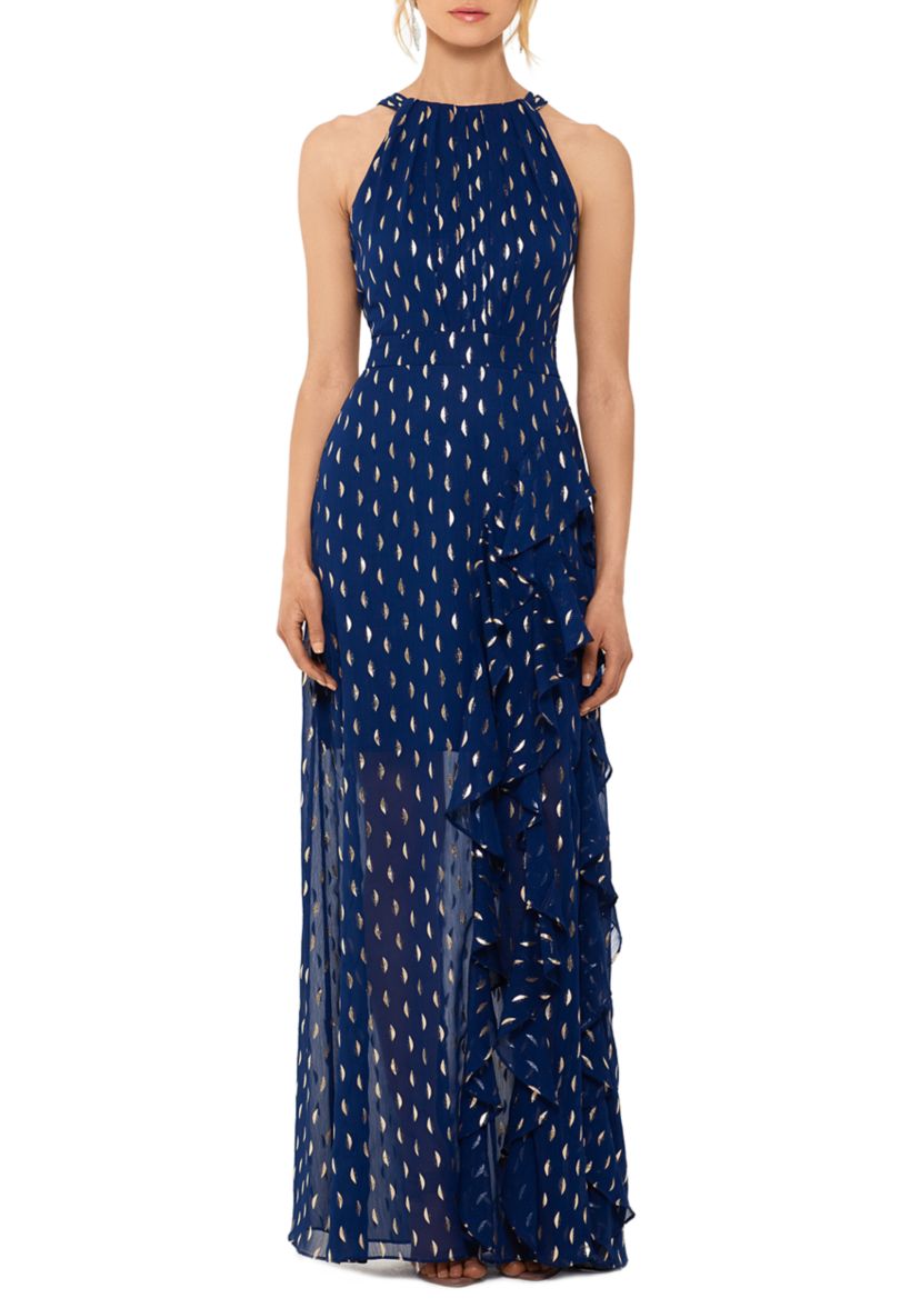 Womens Halter Neck Chiffon Foil Ruffle Tie Neck Gown