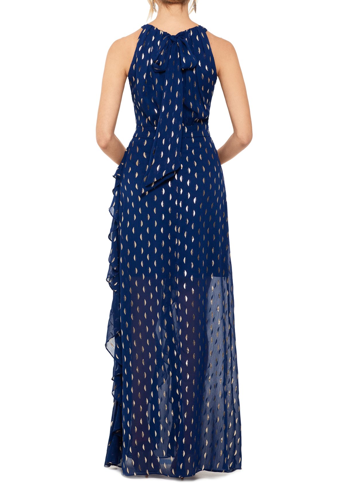 Womens Halter Neck Chiffon Foil Ruffle Tie Neck Gown