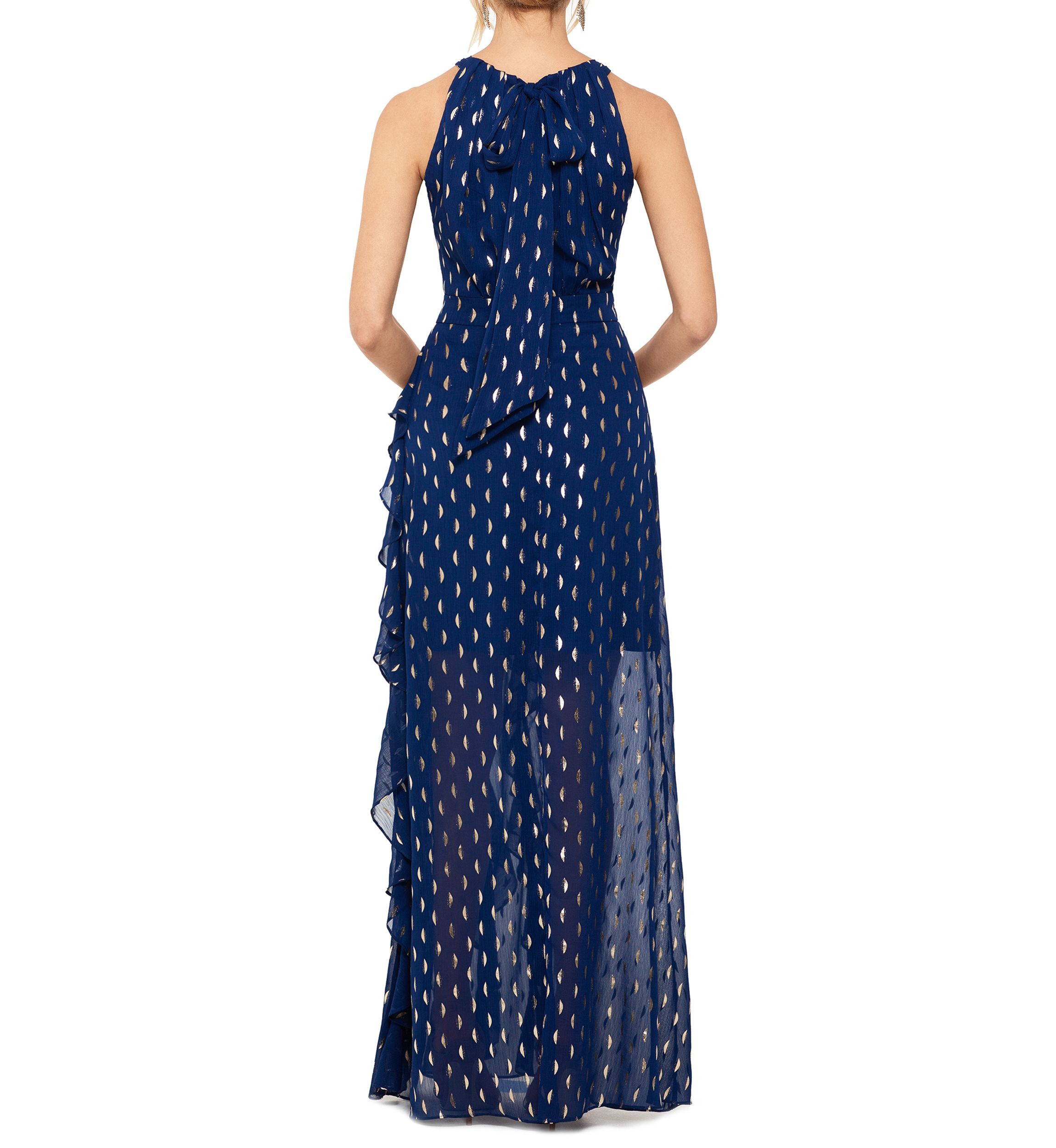 Womens Halter Neck Chiffon Foil Ruffle Tie Neck Gown