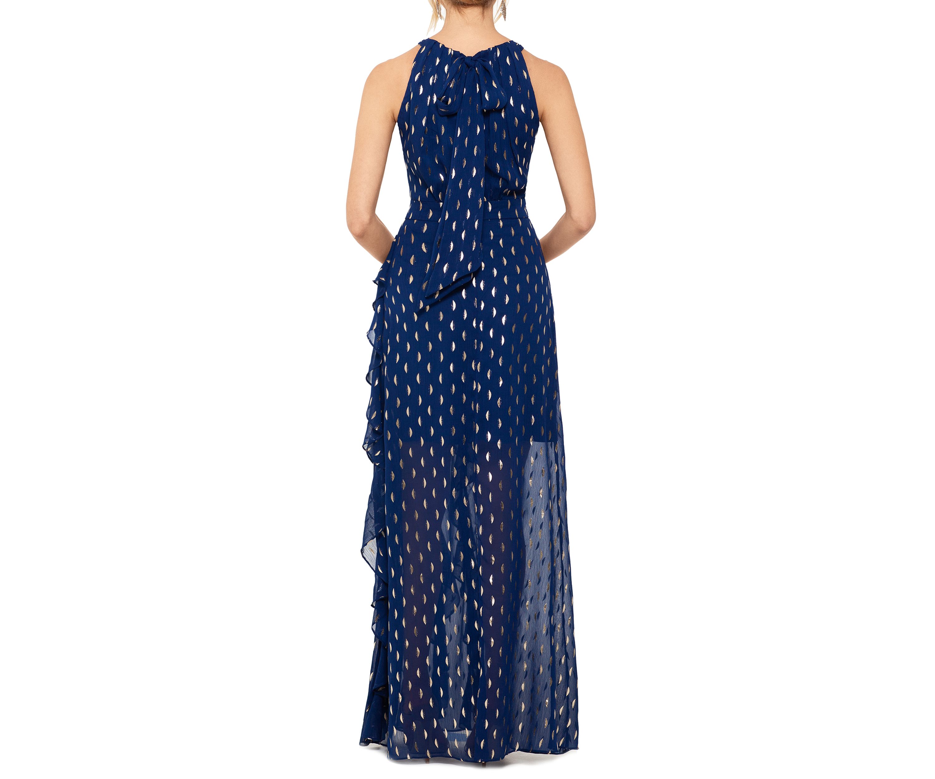 Womens Halter Neck Chiffon Foil Ruffle Tie Neck Gown