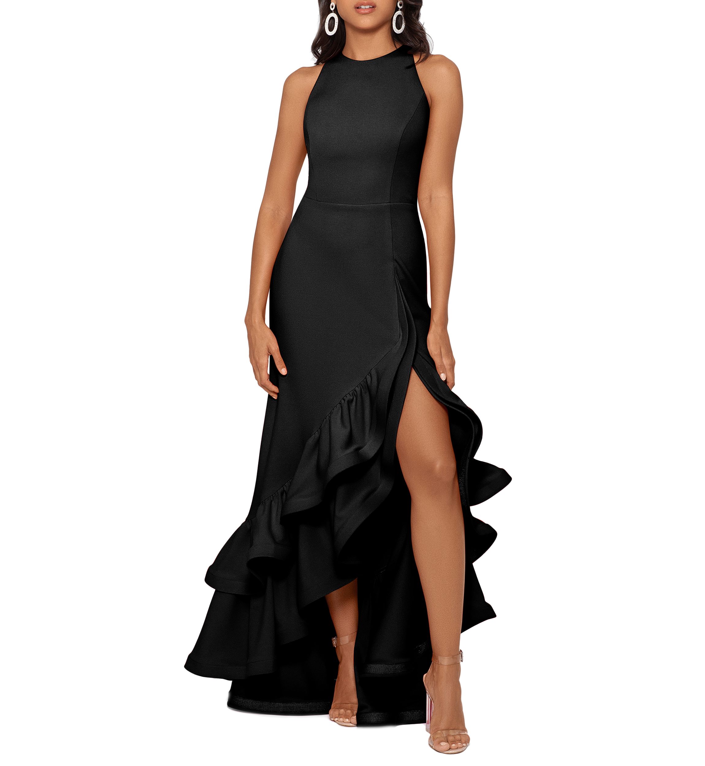 Womens Halter Neck Ruffle Tier Scuba Crepe Gown