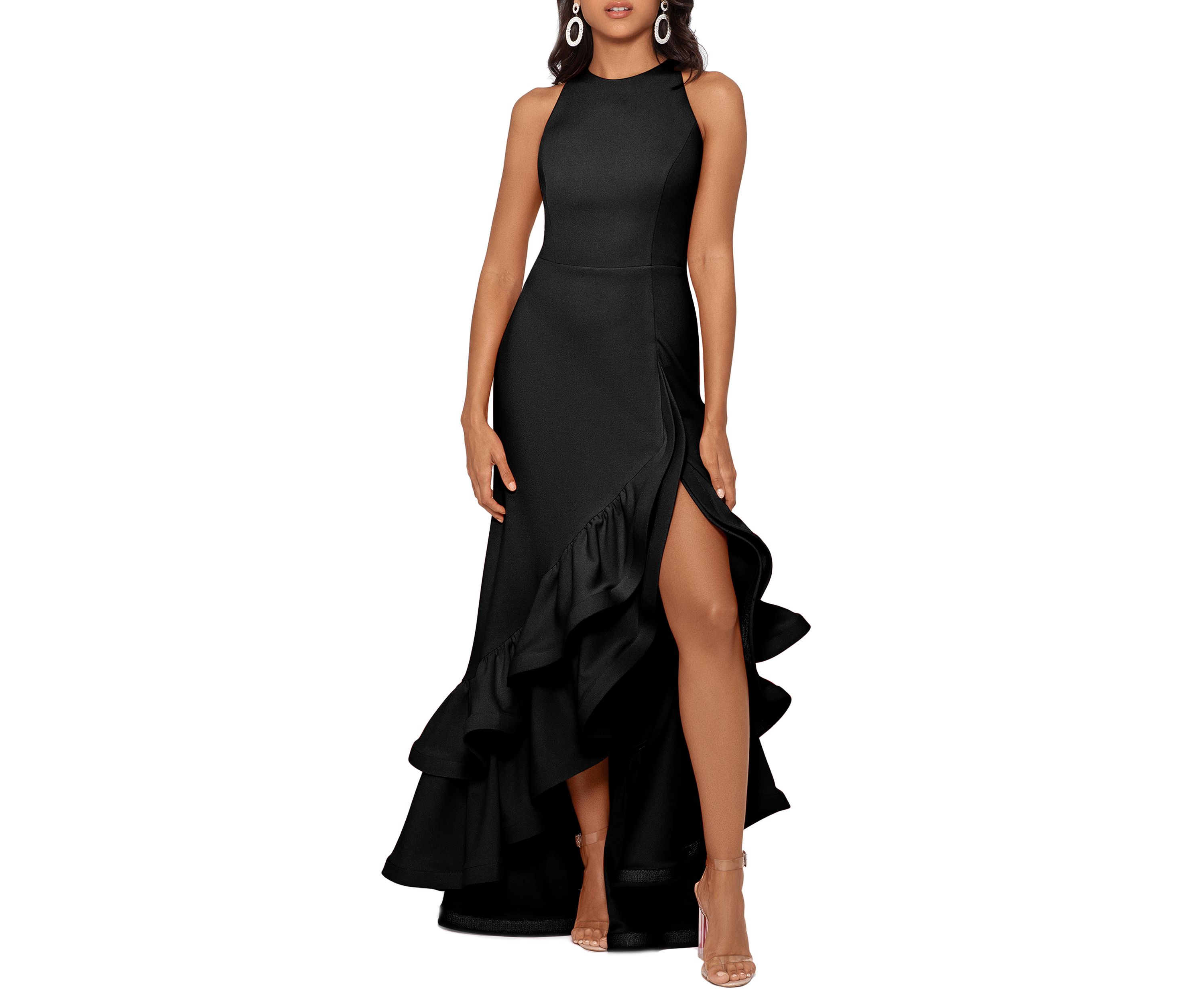 Womens Halter Neck Ruffle Tier Scuba Crepe Gown