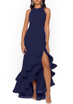 B & Adam Women's Halter Neck Ruffle Tier Scuba Crepe Gown