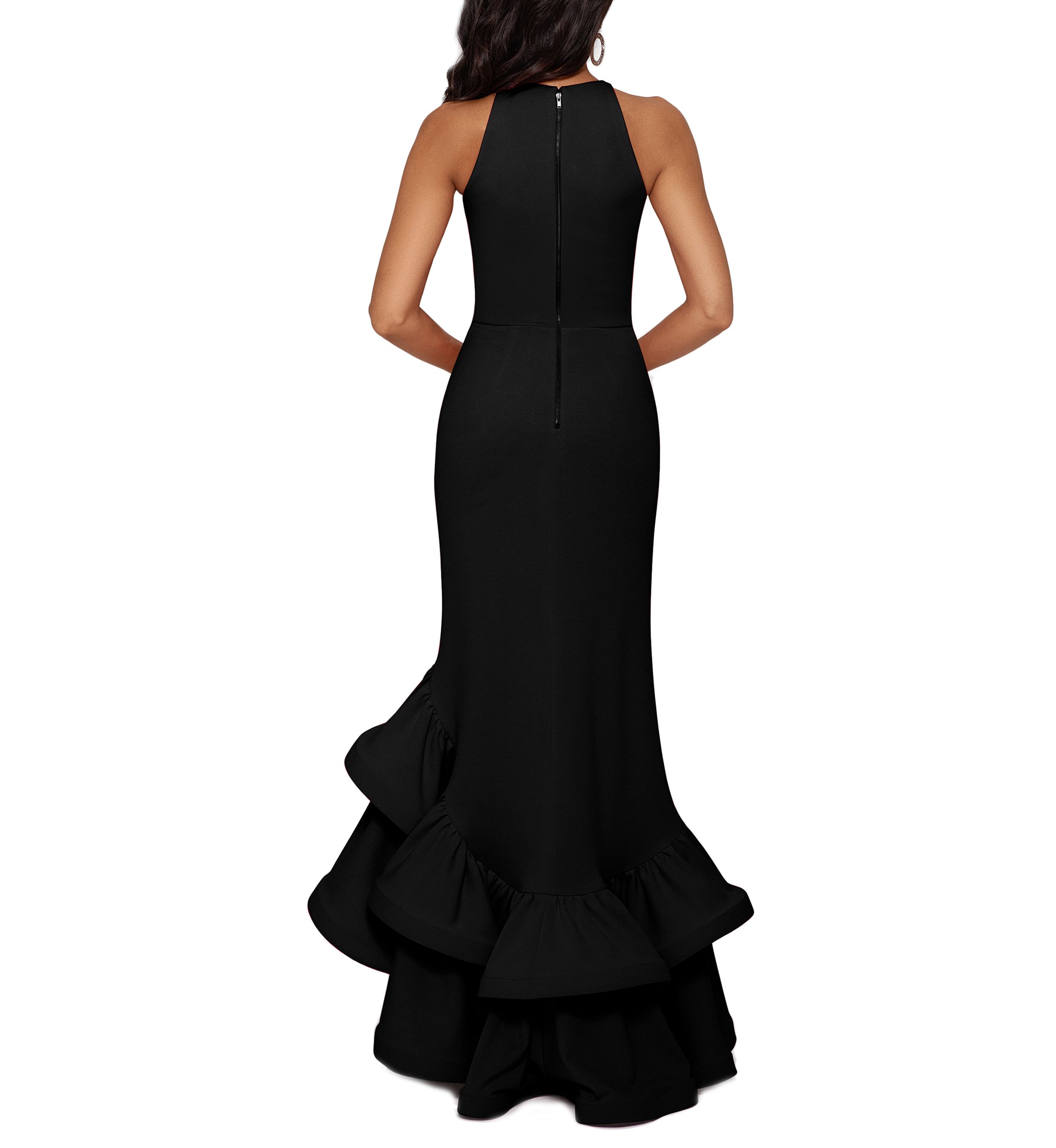 Womens Halter Neck Ruffle Tier Scuba Crepe Gown