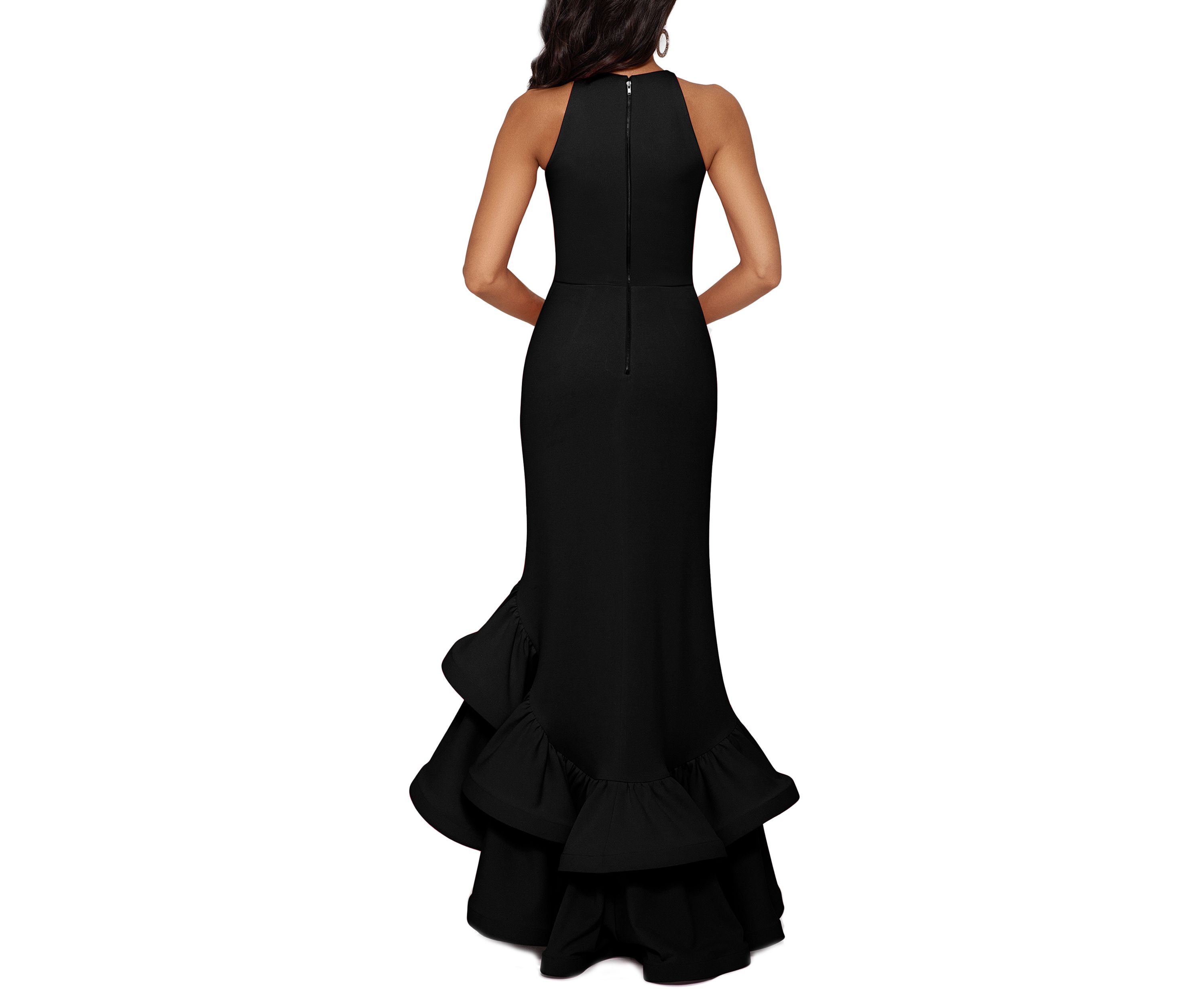 Womens Halter Neck Ruffle Tier Scuba Crepe Gown
